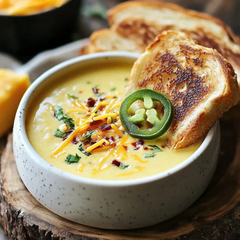 - 4 Jalapenos, gewürfelt - 1 mittelgroße Zwiebel, gehackt - 3 Knoblauchzehen, fein gehackt - 4 Tassen Hühner- oder Gemüsebrühe - 1 Tasse Frischkäse Ich liebe es, mit frischen und würzigen Zutaten zu arbeiten. Die Jalapenos geben der Suppe einen tollen Kick. Du kannst die Kerne entfernen, um die Schärfe zu mildern. Die Zwiebel und der Knoblauch sorgen für einen tiefen Geschmack. Die Brühe ist die Basis. Sie macht alles schön cremig. Der Frischkäse bringt die Suppe auf das nächste Level. - 1 Tasse geriebener Cheddar-Käse - 1 Teelöffel Kreuzkümmel - 1/2 Teelöffel geräuchertes Paprikapulver - Salz und Pfeffer nach Geschmack Käse macht alles besser. Der Cheddar schmilzt wunderbar und gibt der Suppe einen herzhaften Geschmack. Kreuzkümmel bringt eine warme Note. Der geräucherte Paprika fügt einen feinen, rauchigen Geschmack hinzu. Salz und Pfeffer sind wichtig, um die Aromen perfekt auszubalancieren. - 1 Laib Sauerteigbrot - 1/2 Tasse geriebener Mozzarella-Käse - 4 Esslöffel Butter - 1 Tasse frischer Mais (oder aus der Dose, abgetropft) Das gegrillte Käse-Sandwich ist der perfekte Begleiter zur Suppe. Sauerteigbrot hat einen tollen Geschmack und Textur. Der Mozzarella schmilzt schön und macht es cremig. Butter sorgt für eine goldbraune Kruste. Der frische Mais gibt einen süßen Kontrast zur scharfen Suppe. {{ingredient_image_2}} 1. Erhitze das Olivenöl in einem großen Topf bei mittlerer Hitze. 2. Füge die gehackte Zwiebel hinzu und dünste sie, bis sie durchsichtig ist, etwa 5 Minuten. 3. Gib den gehackten Knoblauch und die gewürfelten Jalapenos in den Topf. Lass alles 2-3 Minuten köcheln, bis es gut riecht. 4. Gieße die Hühner- oder Gemüsebrühe hinzu und bringe die Mischung zum Köcheln. 5. Sobald die Brühe köchelt, füge den Frischkäse hinzu. Rühre, bis er geschmolzen ist. 6. Rühre den geriebenen Cheddar-Käse, den Mais, den Kreuzkümmel, das geräucherte Paprikapulver, Salz und Pfeffer ein. Lass die Suppe bei niedriger Hitze etwa 10 Minuten köcheln. 1. Bereite das Brot vor, indem du eine Seite mit Butter bestreichst. 2. Lege ein Viertel des geriebenen Mozzarella-Käses auf die ungebutterte Seite. 3. Lege eine weitere Scheibe Brot darauf. 4. Lege das Sandwich in die Pfanne, mit der gebutterten Seite nach unten. Brate es, bis es goldbraun ist, etwa 3-4 Minuten. 5. Wende das Sandwich und brate die andere Seite ebenfalls goldbraun, bis der Käse geschmolzen ist. Wiederhole dies mit den restlichen Brotscheiben. 1. Wenn die Suppe dick und cremig ist, verwende einen Stabmixer, um sie glatt zu pürieren. 2. Schmecke die Suppe nach Belieben ab. 3. Serviere die Suppe heiß mit den gegrillten Käsesandwichs an der Seite. 4. Schneide die Sandwiches in Dreiecke, um das Eintunken zu erleichtern. Um die Suppe schön cremig zu machen, benutze einen Stabmixer. Mixe die Suppe direkt im Topf, bis sie glatt ist. Wenn du keinen Stabmixer hast, kannst du die Suppe auch in einem Standmixer pürieren. Achte darauf, sie portionsweise pürieren, damit der Mixer nicht überläuft. Du kannst auch die Brühe variieren. Verwende Gemüsebrühe für eine vegetarische Option oder Hühnerbrühe für mehr Geschmack. Die Käseauswahl macht viel aus. Ich empfehle, verschiedene Käsesorten zu verwenden. Cheddar ist klassisch, aber auch Gruyère oder Gouda passen gut. Diese Käsesorten schmelzen schön und geben viel Geschmack. Um die richtige Bräunung zu erreichen, brate das Sandwich bei mittlerer Hitze. So wird das Brot goldbraun und der Käse wird schön schmelzen. Drehe das Sandwich vorsichtig, um eine gleichmäßige Bräunung zu erzielen. Die Präsentation der Suppe ist wichtig. Garniere jede Schüssel mit geriebenem Käse und einer Scheibe Jalapeno. Das sieht toll aus und gibt zusätzlichen Geschmack. Serviere die gegrillten Käsesandwichs auf einem Holzbrett. Das gibt einen rustikalen Look. Du kannst auch einen kleinen Salat oder Nachos als Beilage anbieten. Pro Tipps Wähle die richtigen Jalapenos: Verwende frische, feste Jalapenos für den besten Geschmack. Wenn du die Schärfe reduzieren möchtest, entferne die Kerne und die weißen Innenteile. Die Brühe selbst herstellen: Wenn möglich, bereite deine eigene Brühe zu. Dies verleiht der Suppe einen intensiveren Geschmack und du kannst die Zutaten nach deinem Geschmack anpassen. Variationen des Käses: Experimentiere mit verschiedenen Käsesorten wie Gouda oder Monterey Jack für die gegrillten Käsesandwichs, um interessante Geschmacksrichtungen zu entdecken. Suppe im Voraus zubereiten: Diese Suppe lässt sich hervorragend im Voraus zubereiten und schmeckt am nächsten Tag sogar noch besser, wenn die Aromen durchziehen konnten. {{image_4}} Für eine vegetarische Jalapeno-Popper-Suppe kann ich die Brühe und den Käse anpassen. Verwende Gemüsebrühe statt Hühnerbrühe. Das macht die Suppe lecker und fleischfrei. Außerdem kannst du zusätzliche Gemüsesorten wie Paprika oder Zucchini hinzufügen. Diese bringen mehr Geschmack und Nährstoffe in die Suppe. Möchtest du die Schärfe der Suppe verringern? Entferne die Jalapeno-Kerne. So wird die Suppe milder. Eine weitere Möglichkeit ist die Zugabe milderer Paprikas wie der grünen Paprika oder der Poblano-Paprika. Diese bieten den Geschmack, ohne die Schärfe zu erhöhen. Für glutenfreie Optionen verwende glutenfreies Brot. Es gibt viele tolle Sorten im Handel. Du kannst auch alternatives Brot wie Reis- oder Maisbrot ausprobieren. Wenn du die Suppe glutenfrei machen möchtest, achte darauf, dass alle Zutaten, die du verwendest, glutenfrei sind. Um die Suppe frisch zu halten, bewahre sie in luftdichten Behältern auf. So bleibt der Geschmack erhalten. Die Suppe hält sich im Kühlschrank bis zu fünf Tage. Achte darauf, sie gut abzukühlen, bevor du sie einlagerst. Um die Suppe einzufrieren, fülle sie in gefriergeeignete Behälter oder Beutel. Lass dabei etwas Platz, da die Suppe beim Gefrieren erweitert. Die Suppe bleibt bis zu drei Monate im Gefrierfach haltbar. Zum Auftauen lege die Suppe über Nacht in den Kühlschrank oder erhitze sie direkt in einem Topf. Rühre sie gut um, um die Konsistenz zu verbessern. Hast du Reste? Verwende sie in Aufläufen oder als Sauce für Pasta. Du kannst auch Tortillas oder Reis dazugeben. Um Verschwendung zu vermeiden, plane die Verwendung der Reste ein, wenn du die Suppe zubereitest. So schaffst du köstliche neue Gerichte aus dem, was übrig bleibt. Um die Suppe weniger scharf zu machen, gibt es einige einfache Tipps: - Entferne die Kerne aus den Jalapenos. Die Kerne sind der Hauptgrund für die Schärfe. - Verwende weniger Jalapenos. Du kannst die Menge nach deinem Geschmack anpassen. - Füge mehr Frischkäse hinzu. Dieser macht die Suppe cremiger und milder. - Probiere, etwas mehr Mais hinzuzufügen. Er bringt Süße in die Suppe. Diese Tipps helfen dir, die Schärfe zu kontrollieren. So kannst du das Gleichgewicht zwischen Geschmack und Schärfe erreichen. Ja, du kannst die Suppe gut vorbereiten und später aufwärmen. - Koche die Suppe wie im Rezept beschrieben. - Lass sie abkühlen, bevor du sie in einen luftdichten Behälter füllst. - Stelle die Suppe in den Kühlschrank. Sie hält sich dort etwa 3-4 Tage. Um die Suppe aufzuwärmen, gehe so vor: 1. Gieße die Suppe in einen Topf. 2. Erhitze sie bei mittlerer Hitze. Rühre gelegentlich um. 3. Wenn die Suppe zu dick wird, füge etwas Brühe oder Wasser hinzu. So bleibt die Suppe frisch und lecker. Zu dieser scharfen Jalapeno-Popper-Suppe passen viele Beilagen gut. Hier sind einige Vorschläge: - Gegrilltes Käse-Sandwich, wie im Rezept. - Nachos mit Käse und Salsa. - Ein frischer Salat mit Avocado und Limette. - Knoblauchbrot für einen herzhaften Snack. Diese Beilagen ergänzen die Suppe perfekt. Sie bringen zusätzliche Aromen und Texturen auf den Tisch. Diese Suppe mit gegrilltem Käse vereint Geschmack und Gemütlichkeit. Wir haben frische Zutaten, einfache Schritte und viele Tipps geteilt. Sie können die Schärfe anpassen und sogar glutenfreie Optionen ausprobieren. Denken Sie daran, Reste gut zu lagern und kreativ zu nutzen. Genießen Sie diese herzhafte Mahlzeit mit Familie und Freunden! Euer Küchenabenteuer beginnt jetzt.