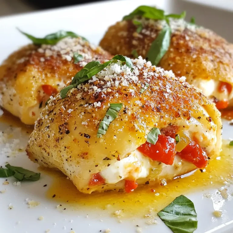 Für das Rezept benötigst du folgende Zutaten: - 4 Hähnchenbrustfilets ohne Haut und Knochen - 1 Tasse geröstete rote Paprika, gehackt - 1 Tasse frischer Mozzarella, gewürfelt - 1 Tasse frische Basilikumblätter, gehackt - 3 Esslöffel Olivenöl - 1 Teelöffel Knoblauchpulver - 1 Teelöffel Zwiebelpulver - Salz und Pfeffer nach Geschmack - 1/2 Tasse geriebener Parmesan (zum Bestreuen) - 1 Esslöffel Balsamico-Glasur (zum Beträufeln, optional) Frische Zutaten machen einen großen Unterschied. Wenn du frische Paprika und Basilikum verwendest, schmeckt das Gericht lebendiger. Wähle reifen Mozzarella, der gut schmilzt. Achte darauf, die Hähnchenbrustfilets von hoher Qualität zu kaufen. Sie sollten fest und rosa sein. So stellst du sicher, dass dein Gericht zart und saftig wird. Falls du keine gerösteten Paprika hast, kannst du frische Paprika verwenden. Röste sie einfach selbst in der Pfanne oder im Ofen. Für eine andere Käseoption kannst du auch Feta verwenden. Wenn du kein Olivenöl hast, nimm Sonnenblumenöl. Es wird auch gut funktionieren. Stelle sicher, dass die Alternativen für dich passen und dein Gericht trotzdem lecker bleibt. {{ingredient_image_2}} Zuerst nimmst du die Hähnchenbrustfilets. Tupfe sie mit Küchenpapier trocken. Das hilft, die Marinade besser aufzunehmen. Würze beide Seiten mit Knoblauchpulver, Zwiebelpulver, Salz und Pfeffer. Diese Gewürze bringen viel Geschmack. Jetzt musst du mit einem scharfen Messer eine Tasche in jedes Filet schneiden. Achte darauf, nicht ganz durchzuschneiden. Diese Tasche ist wichtig für die Füllung. Für die Füllung nimm eine große Schüssel. Mische die gehackten, gerösteten Paprika, den gewürfelten Mozzarella und die gehackten Basilikumblätter gut zusammen. Diese Mischung sorgt für eine leckere Kombination. Fülle jede Hähnchenbrust gleichmäßig mit dieser Mischung. Achte darauf, dass die Füllung nicht herausfällt. Verwende Zahnstochern, um die Öffnungen zu schließen. So bleibt alles schön drin. Erhitze in einer großen, ofenfesten Pfanne das Olivenöl bei mittelhoher Temperatur. Sobald das Öl heiß ist, lege die gefüllten Hähnchenbrustfilets vorsichtig hinein. Brate sie etwa 3-4 Minuten auf jeder Seite. Sie sollten goldbraun sein. Bestreue jede Brust gleichmäßig mit geriebenem Parmesan. Das gibt zusätzlichen Geschmack. Überführe die Pfanne in den vorgeheizten Ofen bei 190°C. Backe das Hähnchen für 20-25 Minuten, bis es durchgegart ist. Die Innentemperatur sollte 74°C erreichen. Lass das Hähnchen nach dem Backen 5 Minuten ruhen. So bleibt es saftig. Um die Füllung perfekt zu machen, wähle frische Zutaten. Die rote Paprika bringt Süße und Tiefe. Du kannst die Paprika auch grillen, um den Geschmack zu intensivieren. Mische die Paprika gut mit dem Mozzarella und Basilikum. Das sorgt für einen frischen Geschmack. Achte darauf, die Füllung nicht zu überfüllen, da sie beim Kochen herausquellen kann. Um dein Hähnchen saftig zu halten, brate es zuerst kurz an. Dies gibt dem Hähnchen eine schöne goldene Farbe. Achte darauf, die Temperatur im Ofen richtig einzustellen. Bei 190°C (375°F) wird das Hähnchen gleichmäßig gar. Verwende ein Fleischthermometer, um sicherzustellen, dass die Innentemperatur 74°C (165°F) erreicht. Lass das Hähnchen nach dem Backen ruhen. Dies hilft, die Säfte zu bewahren. Für die Präsentation lege die gefüllten Hähnchenbrustfilets auf einen schönen Teller. Garniere sie mit frischen Basilikumblättern. Du kannst das Hähnchen auch mit einer Balsamico-Glasur beträufeln. Serviere dazu gemischtes Grün oder geröstetes Gemüse. Diese Farben machen das Gericht einladend und lecker. Profi Tipps Tipp zur Hähnchenbrust: Wähle frische, hochwertige Hähnchenbrustfilets, um den besten Geschmack und die beste Textur zu erzielen. Füllung anpassen: Experimentiere mit verschiedenen Käsesorten oder Gemüse in der Füllung, um neue Aromen zu entdecken. Ruhen lassen: Das Hähnchen nach dem Backen einige Minuten ruhen lassen, damit die Säfte sich setzen und das Fleisch saftig bleibt. Serviervorschlag: Serviere das gefüllte Hähnchen mit einer Beilage aus Quinoa oder einem frischen Salat für eine ausgewogene Mahlzeit. {{image_4}} Das Rezept für gefülltes Hühnchen ist sehr anpassbar. Du kannst verschiedene Füllungen ausprobieren. - Spinat und Feta: Frischer Spinat und zerbröselter Feta geben eine tolle Mischung. - Pilze und Ricotta: Sauté Pilze mit Knoblauch und mische sie mit Ricotta. - Sonnengetrocknete Tomaten und Ziegenkäse: Diese Kombination bringt viel Geschmack und eine leichte Süße. Experimentiere mit diesen Varianten, um neue Geschmäcker zu entdecken. Die Gewürze machen viel aus. Du kannst die Würze nach deinem Geschmack ändern. - Kräuter: Füge Italienische Kräuter wie Oregano oder Thymian hinzu. - Schärfe: Für etwas Schärfe, probiere rote Pfefferflocken oder Paprika. - Zitronensaft: Ein Spritzer Zitronensaft kann Frische bringen. Deine Gewürzwahl kann das Gericht stark verändern. Trau dich, kreativ zu sein! Die richtigen Beilagen machen das Essen noch besser. Hier sind einige Ideen: - Gemischter Salat: Ein frischer Salat passt perfekt dazu. - Geröstetes Gemüse: Karotten, Zucchini oder Paprika sind tolle Ergänzungen. - Reis oder Quinoa: Diese Beilagen sind nahrhaft und mild im Geschmack. Wähle Beilagen, die deine gefüllten Hähnchenbrustfilets ergänzen. Mische Farben und Texturen für einen schönen Teller! Wenn du Reste von deinem gefüllten Hühnchen hast, lass sie zuerst abkühlen. Danach packe sie in einen luftdichten Behälter. So bleiben sie frisch. Du kannst sie im Kühlschrank für bis zu drei Tage aufbewahren. Achte darauf, das Hühnchen gut zu verpacken, damit es nicht austrocknet. Wenn du das Hühnchen länger aufbewahren möchtest, kannst du es einfrieren. Schneide das Hühnchen in Portionen und lege es in gefriergeeignete Behälter. Du kannst auch Frischhaltefolie verwenden. Beschrifte die Verpackung mit dem Datum. So weißt du, wie lange es schon im Gefrierfach ist. Das gefüllte Hühnchen hält sich bis zu drei Monate im Gefrierfach. Um das gefüllte Hühnchen wieder aufzuwärmen, lege es in eine Auflaufform. Bedecke die Form mit Aluminiumfolie, um das Hühnchen saftig zu halten. Erhitze es im Ofen bei 180°C (350°F) für etwa 20-25 Minuten. Du kannst auch eine Mikrowelle verwenden, aber achte darauf, dass das Hühnchen gleichmäßig warm wird. So bleibt der Geschmack und die Qualität erhalten. Die Innentemperatur des Hähnchens muss 74°C (165°F) betragen. Dies stellt sicher, dass es vollständig durchgegart ist. Verwende ein Fleischthermometer, um dies zu überprüfen. Steche in die dickste Stelle des Hähnchens. So hast du die genaue Temperatur. Wenn das Hähnchen diese Temperatur erreicht, ist es sicher zu essen. Ja, du kannst das Rezept im Voraus zubereiten. Du kannst die Hähnchenbrustfilets füllen und sie im Kühlschrank lagern. Mache dies bis zu 24 Stunden vorher. Wenn du bereit bist zu kochen, hole sie aus dem Kühlschrank. Lasse sie für 15 Minuten auf Raumtemperatur kommen, bevor du sie brätst und backst. Viele Beilagen passen gut zu gefülltem Hähnchen. Hier sind einige Ideen: - Gemischter grüner Salat - Geröstetes Gemüse - Kartoffelpüree - Quinoa oder Reis - Pasta mit Pesto Diese Beilagen ergänzen den Geschmack des gefüllten Hähnchens. Sie bringen Farbe und Textur auf den Teller. Wir haben alles Wichtige für gefülltes Hähnchen besprochen. Von den frischen Zutaten bis zu Alternativen. Ich habe die Schritte zur Zubereitung und anhaltende Tipps gegeben. Variationen der Füllung und passende Beilagen bringen Vielfalt. Auch habe ich erklärt, wie man die Reste richtig lagert. Mit diesen Informationen wird dein Gericht ein Erfolg. Probiere es aus und genieße die köstlichen Aromen!