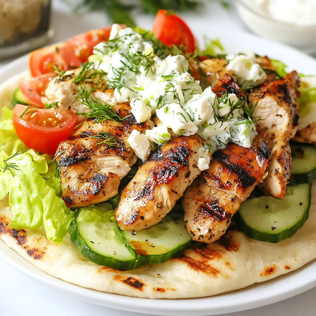 Für die Hauptzutaten braucht ihr: - 500 g Hähnchenunterschenkel, ohne Knochen und Haut - 2 Esslöffel Olivenöl - 1 Esslöffel Zitronensaft - 2 Teelöffel getrockneter Oregano - 1 Teelöffel Knoblauchpulver - 1 Teelöffel Paprika - Salz und Pfeffer nach Geschmack - 4 Pita-Brote - 1 Tasse Salat, gehackt - 1 große Tomate, gewürfelt - 1 kleine Gurke, gewürfelt Diese Zutaten sorgen für den vollen Geschmack der Gyros. Hähnchenunterschenkel sind saftig und perfekt zum Marinieren. Für das Feta Tzatziki benötigt ihr: - 1 Tasse griechischer Joghurt - 1/2 Tasse Feta-Käse, zerbröselt - 1 kleine Gurke, gerieben und abgetropft - 1 Knoblauchzehe, fein gehackt - 1 Esslöffel Olivenöl - 1 Esslöffel Zitronensaft - 1 Esslöffel frischer Dill, gehackt - Salz und Pfeffer nach Geschmack Dieses Tzatziki bringt eine cremige und frische Note. Der Feta fügt einen salzigen Geschmack hinzu, der gut mit dem Hähnchen harmoniert. Um eure Gyros zu ergänzen, könnt ihr auch Folgendes verwenden: - Rote Zwiebeln, dünn geschnitten - Oliven, entsteint und gehackt - Paprika, gewürfelt - Weitere frische Kräuter wie Petersilie oder Minze Diese Zutaten bringen zusätzliche Farben und Aromen. Sie machen eure Gyros noch köstlicher und interessanter. {{ingredient_image_2}} Um das Hähnchen perfekt zu marinieren, mische ich Olivenöl, Zitronensaft, Oregano, Knoblauchpulver und Paprika in einer Schüssel. Füge Salz und Pfeffer hinzu und rühre gut um. Dann gebe ich die Hähnchenunterschenkel hinein und achte darauf, dass sie gut bedeckt sind. Ich lasse das Hähnchen für mindestens 30 Minuten im Kühlschrank. So zieht der Geschmack richtig ein. Für das Feta Tzatziki nehme ich eine Rührschüssel. Ich vermische griechischen Joghurt mit zerbröseltem Feta, geriebener Gurke und gehacktem Knoblauch. Dann kommen Olivenöl, Zitronensaft und frischer Dill hinein. Ich füge auch Salz und Pfeffer hinzu. Gut vermengen und für 20 Minuten kühl stellen. So entwickeln sich die Aromen wunderbar. Ich heize den Grill oder eine Pfanne auf mittelhohe Hitze vor. Dann nehme ich das marinierte Hähnchen und lege es auf den Grill. Es braucht etwa 6-7 Minuten pro Seite, bis es goldbraun ist. Ich achte darauf, dass die Innentemperatur 75 °C erreicht. Nach dem Garen lasse ich das Hähnchen ruhen und schneide es in Streifen. Für die Pita-Brote röste ich sie leicht, bis sie warm sind. Jetzt wird es spannend! Auf jedes warme Pita-Brot lege ich die Hähnchenstreifen. Dann kommen der gehackte Salat, die gewürfelte Tomate und die Gurke darauf. Ich gebe großzügig Feta Tzatziki darüber. Das Pita-Brot wickle ich eng um die Füllung. So bleibt alles schön drin. Jetzt kann ich die Gyros genießen! Für den besten Geschmack ist die Marinierzeit wichtig. Ich empfehle, das Hähnchen mindestens 30 Minuten marinieren zu lassen. So nimmt das Fleisch die Aromen auf. Wenn du mehr Zeit hast, lass es bis zu 2 Stunden im Kühlschrank. Das macht das Hähnchen saftiger und voller Geschmack. Wie du das Gyros anrichtest, macht einen großen Unterschied. Beginne mit einem warmen Pita-Brot. Füge dann die Hähnchenstreifen hinzu. Danach kommen frischer Salat, gewürfelte Tomate und Gurke. Das Feta Tzatziki sollte nicht fehlen! Gib es großzügig darüber. So schmeckt jeder Biss frisch und lecker. Grillen ist die beste Methode für dieses Rezept. Heize deinen Grill oder die Pfanne auf mittelhohe Hitze vor. Das Hähnchen sollte 6-7 Minuten pro Seite grillen. Achte darauf, dass die Innentemperatur 75 °C erreicht. So wird es goldbraun und zart. Wenn du keinen Grill hast, kannst du auch eine Pfanne verwenden. Pro Tipps Marinieren für mehr Geschmack: Lassen Sie das Hähnchen länger marinieren, wenn es die Zeit erlaubt. 2 Stunden sind ideal, um die Aromen vollständig aufzunehmen. Feta Tzatziki kühlen: Lassen Sie das Tzatziki mindestens 20 Minuten im Kühlschrank ruhen, damit sich die Aromen gut entfalten können. Pita-Brote richtig rösten: Rösten Sie die Pita-Brote nur kurz, damit sie weich und leicht warm bleiben, und nicht zu knusprig werden. Frische Zutaten verwenden: Verwenden Sie frisches Gemüse für die Füllung, um den Geschmack zu intensivieren und die Textur zu verbessern. {{image_4}} Wenn Sie vegetarisch essen, gibt es tolle Alternativen. Probieren Sie gebratene Auberginen oder Zucchini. Diese Gemüsesorten geben Geschmack und Textur. Auch Kichererbsen sind eine gute Wahl. Sie sind proteinreich und sättigend. Marinieren Sie das Gemüse wie das Hähnchen. Verwenden Sie die gleiche Marinade, um den Geschmack zu intensivieren. Sie können die Füllungen nach Ihrem Geschmack anpassen. Fügen Sie Avocado oder gebratene Paprika hinzu. Auch Oliven oder Feta passen gut. Für einen frischen Geschmack eignen sich frische Kräuter. Minze oder Petersilie bringen Farbe und Aroma. Experimentieren Sie mit verschiedenen Kombinationen, um Ihre perfekte Gyros-Version zu finden. Wenn Sie kein Feta mögen, probieren Sie eine andere Variante. Verwenden Sie normalen Joghurt oder Kräuterquark. Sie können auch Hummus als Dip nutzen. Das gibt einen anderen, aber leckeren Geschmack. Auch eine Avocado-Creme ist eine tolle Wahl. Sie ist cremig und voller Geschmack. Wenn du Hähnchen und Tzatziki übrig hast, bewahre sie richtig auf. Das Hähnchen bleibt frisch, wenn du es in einem luftdichten Behälter im Kühlschrank lagerst. Es sollte innerhalb von drei Tagen gegessen werden. Tzatziki kann auch im Kühlschrank bleiben, muss aber innerhalb von fünf Tagen aufgebraucht werden. Die besten Methoden zur Aufbewahrung sind einfach. Verwende einen luftdichten Behälter für das Hähnchen. Achte darauf, die Marinade zu entfernen, bevor du es lagerst. Für das Tzatziki kannst du einen separaten Behälter nutzen. Das schützt vor Gerüchen und hält den Geschmack frisch. Beim Wiedererwärmen achte darauf, das Hähnchen gleichmäßig zu erhitzen. Du kannst es in der Mikrowelle oder in einer Pfanne auf mittlerer Hitze erhitzen. Stelle sicher, dass es eine Innentemperatur von mindestens 75 °C erreicht. Tzatziki solltest du kalt genießen. Wenn du es erwärmen möchtest, mach das sanft in einer Schüssel über heißem Wasser. Die Zubereitung der Gyros dauert etwa 1 Stunde. Darin sind 30 Minuten Marinierzeit für das Hähnchen enthalten. Das Garen des Hähnchens und die Zubereitung des Feta Tzatziki benötigen weitere 30 Minuten. So sind die Gyros schnell und einfach fertig. Ja, du kannst das Hähnchen auch im Ofen garen. Heize den Ofen auf 200 °C vor. Lege das marinierte Hähnchen auf ein Backblech und gare es für etwa 25-30 Minuten. Überprüfe die Innentemperatur, die 75 °C (165 °F) erreichen sollte. Du kannst die Marinade leicht anpassen. Füge frische Kräuter wie Thymian oder Rosmarin hinzu. Verwende auch andere Gewürze wie Kreuzkümmel oder Chili, um einen anderen Geschmack zu erzielen. Experimentiere mit verschiedenen Zitrussäften für mehr Frische. Ja, das Feta Tzatziki ist vielseitig. Du kannst es als Dip für Gemüse oder Brot verwenden. Es passt auch gut zu Gegrilltem oder als Sauce für Wraps. Die Kombination aus Joghurt und Feta macht es zu einem leckeren Begleiter für viele Gerichte. Zusammenfassend haben wir die besten Zutaten für Hähnchengyros und Feta Tzatziki besprochen. Ich habe erklärt, wie man das Hähnchen mariniert und das Tzatziki zubereitet. Zudem fandet ihr Tipps für perfekte Zubereitung und leckere Variationen. Diese Schritte helfen euch, großartige Gyros zu machen. Denkt daran, auch die Resteverwertung zu beachten. Kochen macht Spaß und bringt Freude! Nutzt die Informationen, um eure Gäste zu beeindrucken. Viel Freude beim Zubereiten!