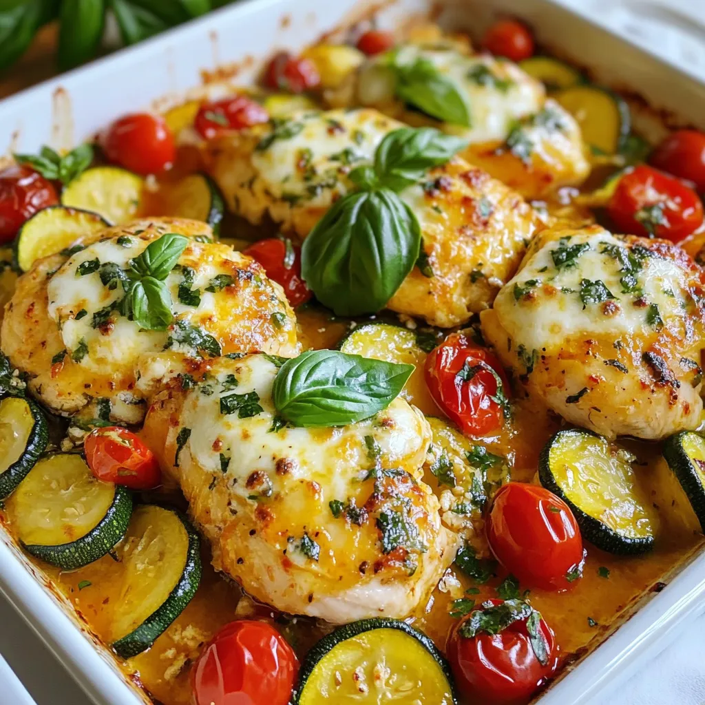 Für diesen italienischen Hähnchen-Zucchini-Auflauf benötigst du folgende Hauptzutaten: - 4 Hähnchenbrüste, ohne Haut und Knochen - 2 mittelgroße Zucchini, in Runden geschnitten - 1 Tasse Kirschtomaten, halbiert - 1 rote Paprika, gewürfelt - 1 Zwiebel, in Scheiben geschnitten - 3 Knoblauchzehen, fein gehackt Diese Zutaten bieten eine gute Basis. Das Hähnchen bleibt saftig und die Zucchini bringt Frische. Die Kirschtomaten fügen eine süße Note hinzu. Rote Paprika und Zwiebeln geben Farbe und Geschmack. Für den perfekten Geschmack brauchst du einige Gewürze und Öle: - 1 Teelöffel getrockneter Oregano - 1 Teelöffel getrockneter Basilikum - ½ Teelöffel zerstoßene rote Pfefferflocken (nach Geschmack anpassen) - 2 Esslöffel Olivenöl - Salz und Pfeffer nach Geschmack Die Gewürze sorgen für ein tolles Aroma. Oregano und Basilikum sind klassisch in der italienischen Küche. Die roten Pfefferflocken bringen einen kleinen Kick, den du nach deinem Geschmack anpassen kannst. Olivenöl sorgt für eine schöne Textur. Der Käse macht den Auflauf besonders lecker. Hier sind die Käsesorten, die du verwenden kannst: - 1 Tasse Mozzarella-Käse, gerieben - ½ Tasse Parmesan-Käse, gerieben Mozzarella schmilzt gut und wird schön cremig. Parmesan gibt dem Gericht eine würzige Note. Du kannst auch andere Käsesorten ausprobieren, wenn du magst. Achte darauf, dass sie gut schmelzen. {{ingredient_image_2}} Heize den Ofen auf 200°C vor. Dies ist wichtig, damit der Auflauf gleichmäßig gart. Ein vorgeheizter Ofen sorgt für ein besseres Ergebnis. Schneide die Zucchini in Runden. Halbiere die Kirschtomaten, würfle die Paprika und schneide die Zwiebel in Scheiben. Hacke den Knoblauch fein. Gib alles in eine große Schüssel. Füge 2 Esslöffel Olivenöl hinzu. Streue Oregano, Basilikum, zerstoßene rote Pfefferflocken, Salz und Pfeffer darüber. Mische alles gut. Lege die Hähnchenbrüste flach in eine Auflaufform. Würze beide Seiten mit Salz und Pfeffer. Verteile die Gemüsemischung gleichmäßig rund um das Hähnchen. Achte darauf, dass alles gut verteilt ist. Streue den geriebenen Mozzarella über das Hähnchen und das Gemüse. Danach kommt der Parmesan drauf. Decke die Auflaufform mit Aluminiumfolie ab. Backe den Auflauf 25 Minuten lang. Danach entferne die Folie und backe für 15 Minuten weiter. Der Käse sollte goldbraun sein. Lass das Gericht 5 Minuten ruhen. Das gibt den Aromen Zeit, sich zu setzen. Garnieren kannst du es mit frischen Basilikumblättern. Jetzt ist dein italienischer Hähnchen und Zucchini Auflauf bereit zum Genießen! Für den italienischen Hähnchen und Zucchini Auflauf heizst du den Ofen auf 200°C vor. Diese Temperatur sorgt dafür, dass das Hähnchen gleichmäßig gart und die Zucchini ihren Geschmack behält. Wenn du die Temperatur zu niedrig wählst, wird das Hähnchen nicht richtig durch. Zu hohe Temperaturen können das Gemüse verbrennen. Um die beste Konsistenz zu erreichen, achte darauf, dass die Zucchini nicht zu dick geschnitten sind. Dünnere Scheiben garen schneller und bleiben saftig. Mische das Gemüse gut mit dem Olivenöl und den Gewürzen. Das hilft, dass alle Aromen gleichmäßig verteilt sind. Wenn du den Käse hinzufügst, verteile ihn gleichmäßig. So wird der Käse schön schmelzen und eine goldene Kruste bilden. Ein häufiger Fehler ist, das Hähnchen zu lange zu backen. Das macht das Fleisch trocken. Kontrolliere die Kerntemperatur mit einem Thermometer. Sie sollte 75°C erreichen. Ein anderer Fehler ist, zu viel Salz zu verwenden. Probiere beim Würzen aus. Du kannst immer mehr hinzufügen, aber zu viel kann das Gericht ruinieren. Achte auch darauf, die Folie erst nach 25 Minuten zu entfernen. So bleibt das Hähnchen saftig und der Käse wird perfekt. Pro Tipps Hähnchen marinieren: Lassen Sie die Hähnchenbrüste vor dem Backen in einer Mischung aus Olivenöl, Zitronensaft und Gewürzen marinieren, um zusätzlichen Geschmack zu erzielen. Gemüse variieren: Fühlen Sie sich frei, das Gemüse anzupassen! Paprika, Auberginen oder sogar Spinat können hervorragende Alternativen sein. Käse mixen: Kombinieren Sie verschiedene Käsesorten wie Gouda oder Feta mit Mozzarella für einen reichhaltigeren Geschmack. Überbacken für Extra Crunch: Für eine knusprige Oberseite können Sie die Auflaufform am Ende der Backzeit kurz unter den Grill stellen. {{image_4}} Wenn du deinen italienischen Hähnchen-Zucchini-Auflauf anpassen möchtest, probiere andere Gemüsesorten. Du kannst Auberginen, Brokkoli oder sogar Spinat verwenden. Diese Optionen bringen neue Aromen und Farben in dein Gericht. Achte darauf, das Gemüse in ähnliche Größen zu schneiden, damit es gleichmäßig gar wird. Käse ist ein wichtiger Teil dieses Auflaufs. Mozzarella und Parmesan sind klassisch, aber du kannst experimentieren. Versuche Gouda für einen kräftigeren Geschmack. Feta gibt einen salzigen Kick und passt gut zu den Tomaten. Eine Mischung aus verschiedenen Käsesorten kann auch toll sein! Wenn du auf spezielle Diäten achtest, gibt es viele Anpassungen. Mache den Auflauf glutenfrei, indem du sicherstellst, dass alle Zutaten frei von Gluten sind. Für eine low-carb-Version kannst du die Zucchini als Hauptbestandteil nutzen und die Menge an Hähnchen erhöhen. Das hält die Kohlenhydrate niedrig und macht das Gericht sättigend. Der italienische Hähnchen-Zucchini-Auflauf bleibt frisch im Kühlschrank. Legen Sie ihn in einen luftdichten Behälter. So bleibt der Auflauf bis zu drei Tage haltbar. Lassen Sie ihn vorher auf Raumtemperatur abkühlen. Dies hilft, die Textur zu bewahren. Sie können den Auflauf auch einfrieren. Teilen Sie ihn in Portionen auf. Verwenden Sie gefriergeeignete Behälter oder Gefrierbeutel. So bleibt der Auflauf bis zu zwei Monate genießbar. Achten Sie darauf, die Luft gut herauszudrücken. Dies verhindert Gefrierbrand. Um den Auflauf aufzuwärmen, nutzen Sie den Ofen. Heizen Sie ihn auf 180°C vor. Legen Sie den Auflauf in eine Auflaufform. Decken Sie ihn mit Aluminiumfolie ab, damit er nicht austrocknet. Backen Sie ihn für etwa 20 Minuten, bis er heiß ist. Alternativ können Sie die Mikrowelle verwenden. Erwärmen Sie ihn in kurzen Intervallen. So bleibt die Konsistenz am besten. Die Zubereitung des italienischen Hähnchen-Zucchini-Auflaufs dauert etwa 10 Minuten. Die Backzeit beträgt 40 Minuten. Insgesamt sind es also 50 Minuten von Anfang bis Ende. In dieser Zeit haben Sie ein köstliches Gericht auf dem Tisch. Ja, Sie können die Zucchini ersetzen. Kürbis oder Auberginen sind gute Alternativen. Diese Gemüsesorten bringen ähnliche Texturen und Geschmäcker. Experimentieren Sie ruhig mit verschiedenen Gemüsen, um neue Aromen zu entdecken. Ja, dieser Auflauf eignet sich gut für Meal Prep. Er lässt sich leicht in Portionen aufteilen. Sie können ihn im Kühlschrank bis zu vier Tage lagern. Einfach aufwärmen, wenn Sie hungrig sind. Zu diesem Auflauf passen viele Beilagen. Ein frischer Salat bringt eine schöne Frische. Auch knuspriges Brot eignet sich gut, um die Sauce aufzutunken. Pasta oder Reis sind ebenfalls tolle Beilagen. Ja, Sie können das Rezept im Voraus zubereiten. Bereiten Sie alles bis zum Backen vor und stellen Sie es in den Kühlschrank. Backen Sie den Auflauf dann, wenn Sie bereit sind, ihn zu genießen. Dieser Artikel hat alle wichtigen Punkte zum italienischen Hähnchen-Zucchini-Auflauf behandelt. Wir haben die Hauptzutaten, Gewürze und Käsesorten besprochen. Ich habe Schritt-für-Schritt erklärt, wie man den Auflauf zubereitet. Auch Tipps und Tricks für die perfekte Konsistenz waren dabei. Variationen und Lagerungshinweise helfen dir, kreativ zu sein. Denke daran, Fehler zu vermeiden und Spaß beim Kochen zu haben. Mit diesem Wissen machst du einen leckeren Auflauf, der jedem schmeckt.