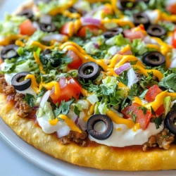 - 1 vorgefertigter Pizzaboden (aus dem Laden oder selbstgemacht) - 240 ml nachgekochte Bohnen (Refried Beans) - 100 g geriebener Cheddar-Käse - 100 g geriebener Mozzarella-Käse - 240 ml gekochtes Taco-Fleisch (Rinderhack oder Truthahn, gewürzt mit Taco-Gewürz) - 1 mittelgroße Tomate, gewürfelt - 75 g schwarze Oliven, in Scheiben - 75 g geriebener Eisbergsalat - 40 g rote Zwiebel, gewürfelt - 15 g frischer Koriander, gehackt - 120 ml Sauerrahm (zum Drizzeln) - 1 Esslöffel Taco-Gewürz (optional, für zusätzlichen Geschmack) Frische Zutaten machen einen großen Unterschied. Wählen Sie reife Tomaten, die fest sind und einen starken Duft haben. Der Käse sollte frisch gerieben sein, um den besten Geschmack zu erzielen. Achten Sie bei Oliven auf die Farbe; sie sollten glänzend und ohne Flecken sein. Für den Salat ist es wichtig, dass er knackig und grün aussieht. Kaufen Sie frischen Koriander, der einen starken, frischen Geruch hat. Für eine glutenfreie Option wählen Sie einen glutenfreien Pizzaboden. Sie können auch Blumenkohl-Pizzaboden ausprobieren. Für eine vegetarische Version ersetzen Sie das Fleisch durch zusätzliches Gemüse oder eine Mischung aus Bohnen. Veganer Käse kann ebenfalls verwendet werden, um den Käse zu ersetzen. Achten Sie darauf, dass alle anderen Zutaten ebenfalls vegan sind. {{ingredient_image_2}} Zuerst heizen Sie den Ofen auf 220°C (425°F) vor. Das sorgt dafür, dass die Pizza gleichmäßig backt. Während der Ofen aufheizt, bereiten Sie den Pizzaboden vor. Wenn Sie einen fertigen Boden nutzen, legen Sie ihn einfach auf ein Backblech oder einen Pizzastein. Wenn Sie selbst machen, rollen Sie den Teig gleichmäßig aus. Lassen Sie einen kleinen Rand, damit die Pizza gut aussieht und nicht überläuft. Jetzt kommt der spaßige Teil: das Schichten der Zutaten! Beginnen Sie mit einer gleichmäßigen Schicht nachgekochter Bohnen. Lassen Sie einen halben Zentimeter Rand. Danach streuen Sie den geriebenen Cheddar-Käse über die Bohnen. Fügen Sie den Mozzarella-Käse hinzu, damit die Pizza schön schmelzig wird. Dann geben Sie das Taco-Fleisch gleichmäßig darauf. Die gewürfelten Tomaten und die schwarzen Oliven folgen jetzt. Achten Sie darauf, alles gut zu verteilen, damit jeder Bissen voll Geschmack hat. Backen Sie die Pizza nun im vorgeheizten Ofen für etwa 12-15 Minuten. Die Pizza ist fertig, wenn der Käse sprudelt und goldbraun ist. Achten Sie darauf, dass der Pizzaboden nicht zu dunkel wird. Nach dem Backen lassen Sie die Pizza ein paar Minuten abkühlen. Dies hilft, die Schichten zu fixieren. Dann garnieren Sie die Pizza mit frischem Eisbergsalat, roten Zwiebeln und Koriander. Träufeln Sie den Sauerrahm darüber oder servieren Sie ihn separat. Genießen Sie jede köstliche Scheibe! Um den perfekten Pizzaboden zu bekommen, ist die Wahl des Teigs wichtig. Ein vorgefertigter Boden spart Zeit. Wenn du einen selbstgemachten Teig willst, achte auf die richtige Konsistenz. Der Teig sollte elastisch sein. Lass ihn vor dem Ausrollen ruhen. Backe den Boden zuerst kurz vor, um ihn knusprig zu machen. Das Taco-Fleisch braucht den richtigen Kick. Verwende Taco-Gewürz für besten Geschmack. Du kannst frische Gewürze wie Kreuzkümmel oder Paprika hinzufügen. Brate das Hackfleisch gut an, bis es braun ist. So entfaltet sich der Geschmack. Mische das Gewürz gleichmäßig unter das Fleisch, um jeden Bissen lecker zu machen. Jeder hat unterschiedliche Vorlieben. Du kannst das Gemüse nach deinem Geschmack wählen. Probier Jalapeños für Schärfe oder Paprika für Süße. Wenn du Käse magst, mische verschiedene Sorten. Feta oder Gouda geben einen neuen Twist. Für eine leichtere Option, ersetze das Fleisch durch Bohnen oder Gemüse. So wird die Taco Pizza individuell und lecker! Pro Tipps Verwenden Sie frische Zutaten: Frische Tomaten und Kräuter verleihen der Pizza mehr Geschmack und machen sie gesünder. Käsemischung variieren: Experimentieren Sie mit verschiedenen Käsesorten wie Monterey Jack oder Pepper Jack für einen zusätzlichen Kick. Teig vorbacken: Backen Sie den Pizzaboden 5 Minuten vor, um sicherzustellen, dass er nicht durchweicht, wenn die Beläge hinzugefügt werden. Serviertipps: Servieren Sie die Pizza mit Guacamole oder Salsa für eine zusätzliche Geschmacksebene und Textur. {{image_4}} Taco Pizza ist sehr flexibel. Man kann Hühnchen anstelle von Rindfleisch nutzen. Das Hühnchen sollte gut gewürzt sein. Vegetarische Optionen sind auch einfach. Ersetze das Fleisch durch mehr Bohnen oder Gemüse. Paprika, Zucchini und Mais passen perfekt. So bleibt der Geschmack lecker und frisch. Käse macht Taco Pizza besonders schmackhaft. Cheddar und Mozzarella sind die Standardoptionen. Aber du kannst auch Feta oder Gouda verwenden. Feta gibt einen salzigen Kick. Gouda bringt eine cremige Textur. Probiere verschiedene Kombinationen aus, um deinen Favoriten zu finden. Saisonale Zutaten bringen neuen Schwung in die Taco Pizza. Im Frühling sind Spargel und Erbsen toll. Im Sommer kannst du mit frischen Tomaten und Basilikum kochen. Herbst bringt Kürbis und süße Kartoffeln. Diese Zutaten sorgen für abwechslungsreiche Geschmäcker und Farben. Experimentiere mit dem, was gerade frisch ist. Um Reste von Taco Pizza richtig zu lagern, lassen Sie die Pizza zuerst abkühlen. Schneiden Sie die Pizza in Stücke. Legen Sie die Stücke in einen luftdichten Behälter. Fügen Sie ein Stück Backpapier zwischen die Schichten hinzu, um ein Ankleben zu verhindern. Schließen Sie den Behälter und stellen Sie ihn in den Kühlschrank. So bleiben die Reste frisch und lecker. Um die Taco Pizza wieder aufzuwärmen, nutzen Sie den Ofen. Heizen Sie ihn auf 180°C (350°F) vor. Legen Sie die Pizzastücke auf ein Backblech. Backen Sie die Pizza für etwa 10 Minuten. So wird der Käse wieder schön geschmolzen. Alternativ können Sie auch die Mikrowelle verwenden. Legen Sie die Pizza auf einen Teller und erwärmen Sie sie in der Mikrowelle für 1-2 Minuten. Die Ofenmethode sorgt jedoch für einen besseren Geschmack und eine knusprige Kruste. Im Kühlschrank hält sich die Taco Pizza etwa 3 bis 4 Tage. Achten Sie darauf, die Pizza gut verpackt zu lagern. Im Gefrierschrank bleibt die Pizza bis zu 2 Monate frisch. Wickeln Sie die Stücke gut in Folie ein und legen Sie sie in einen gefrierfesten Behälter. So vermeiden Sie, dass die Pizza Frostbrand bekommt. Um die beste Qualität zu bewahren, essen Sie die gefrorene Pizza innerhalb von einem Monat. Taco Pizza ist eine leckere Mischung aus Pizza und Taco. Du hast einen Pizzaboden und belegst ihn mit typischen Taco-Zutaten. Dazu gehören Bohnen, Käse, Taco-Fleisch und frisches Gemüse. Die Kombination von Aromen ist einfach köstlich. Man kann sie warm servieren und sie ist perfekt für Partys oder einfache Mahlzeiten. Um Taco Pizza vegan zu machen, kannst du einige einfache Änderungen vornehmen. Verwende anstelle von Käse pflanzliche Käsealternativen oder lasse ihn ganz weg. Nutze anstelle von Taco-Fleisch gebratene Pilze oder gewürzte Linsen. Diese Alternativen sind einfach und lecker. Auch frisches Gemüse wie Paprika und Zucchini passen gut dazu. Ja, du kannst fertige Zutaten verwenden! Fertig-Pizzateig ist eine tolle Zeitersparnis. Du kannst auch nachgekochte Bohnen aus der Dose nutzen. Fertiges Taco-Fleisch aus dem Kühlregal spart dir ebenfalls Zeit. Achte darauf, dass die Zutaten gut gewürzt sind. Das macht deine Taco Pizza noch besser! Taco Pizza ist eine köstliche Mischung aus Geschmack und Spaß. Wir haben frische Zutaten besprochen, die du leicht wählen kannst. Die Anleitung hilft dir, die Pizza perfekt zuzubereiten. Tipps und Tricks zeigen dir, wie du die besten Ergebnisse erzielst. Variationen erweitern dein Menü, und die Lagerungsinformationen helfen dir, Reste zu genießen. Denke daran, dass Taco Pizza ganz nach deinem Geschmack gestaltet werden kann. Nutze diese Ideen, um dein nächstes Essen zu einem Hit zu machen!