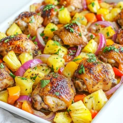 Für dieses Rezept brauchst du frische und gesunde Zutaten. Hier sind die Hauptzutaten: - 4 küchenfertige Hähnchenschenkel (ohne Haut und Knochen) - 1 rote Paprika, in Streifen geschnitten - 1 gelbe Paprika, in Streifen geschnitten - 1 rote Zwiebel, in Ringe geschnitten - 2 Tassen frische Ananastücke Diese Zutaten sorgen für einen tollen Geschmack und viel Farbe auf deinem Teller. Das Hähnchen bleibt saftig, und die Ananas bringt eine süße Note. Gemüse und Obst machen das Gericht bunt und nährstoffreich. Du verwendest: - Rote Paprika: Sie gibt Süße und Crunch. - Gelbe Paprika: Sie hat einen milden Geschmack und viele Vitamine. - Rote Zwiebel: Sie sorgt für einen würzigen Kick. - Frische Ananastücke: Diese bringen Frische und Süße. Die Kombination aus diesen Zutaten macht das Gericht einzigartig und lecker. Die Marinade gibt deinem Hähnchen den besonderen Geschmack. Du brauchst: - 3 Esslöffel Kokosaminos - 1 Esslöffel Olivenöl - 2 Knoblauchzehen, fein gehackt - 1 Stück frischer Ingwer (ca. 2,5 cm), fein gehackt - 1 Teelöffel gemahlener Kurkuma - 1 Teelöffel rote Pfefferflocken (optional für Schärfe) - Salz und Pfeffer nach Geschmack Diese Zutaten sorgen für ein tolles Aroma und machen das Gericht noch besser. Die Kokosaminos sind eine tolle, glutenfreie Alternative zu Sojasauce. Knoblauch und Ingwer bringen einen frischen Geschmack. {{ingredient_image_2}} Heizen Sie Ihren Ofen auf 220°C (425°F) vor. Nehmen Sie ein großes Backblech und legen Sie es mit Backpapier aus. Das macht die Reinigung nach dem Kochen einfach. Nehmen Sie eine Schüssel und mischen Sie 3 Esslöffel Kokosaminos, 1 Esslöffel Olivenöl, 2 fein gehackte Knoblauchzehen, und 1 Stück frischen Ingwer. Fügen Sie 1 Teelöffel gemahlenen Kurkuma und eine Prise Salz und Pfeffer hinzu. Rühren Sie alles gut um. Legen Sie die Hähnchenschenkel in die Marinade. Lassen Sie sie für mindestens 10 Minuten ziehen. Jetzt ist es Zeit für das Gemüse. Schneiden Sie 1 rote und 1 gelbe Paprika in Streifen. Schneiden Sie eine rote Zwiebel in Ringe. Arrangieren Sie das Gemüse und 2 Tassen frische Ananastücke auf dem Backblech. Das sieht bunt und einladend aus! Legen Sie die marinierten Hähnchenschenkel auf das Gemüse. Träufeln Sie die restliche Marinade darauf. Schieben Sie das Blech in den Ofen. Backen Sie alles für 25–30 Minuten. Das Hähnchen sollte nicht mehr rosa sein. Die Innentemperatur sollte 75°C oder 165°F betragen. Holen Sie das Blech heraus und lassen Sie das Gericht 5 Minuten ruhen. Um die Marinade perfekt zu machen, achte auf frische Zutaten. Verwende frischen Knoblauch und Ingwer, um einen intensiven Geschmack zu erreichen. Die Kokosaminos geben eine süße Note. Experimentiere mit der Menge an Kurkuma und Pfefferflocken, um die Schärfe anzupassen. Lass das Hähnchen mindestens 10 Minuten in der Marinade ziehen. Für mehr Geschmack kannst du es auch länger marinieren, wenn du Zeit hast. Die Garzeit für das Hähnchen beträgt 25 bis 30 Minuten bei 220°C. Achte darauf, dass das Hähnchen durchgegart ist. Die Innentemperatur sollte 75°C erreichen. Verwende ein Fleischthermometer, um dies zu überprüfen. Wenn du das Hähnchen zu lange backst, wird es trocken. Lass es nach dem Garen fünf Minuten ruhen. Dies hilft, die Säfte zu bewahren und macht das Hähnchen zarter. Die Garnitur macht das Gericht besonders. Frischer Koriander sieht nicht nur toll aus, sondern bringt auch Frische. Du kannst auch Limettenscheiben dazu legen. Das gibt einen tollen Farbkontrast und einen frischen Geschmack. Serviere das Gericht auf einem großen Teller, um die Farben des Gemüses und der Ananas zu zeigen. So wird dein Gericht nicht nur lecker, sondern auch schön anzusehen. Pro Tipps Marinade ziehen lassen: Lassen Sie das Hähnchen mindestens 10 Minuten in der Marinade ziehen, um intensiveren Geschmack zu erzielen. Gemüse schneiden: Schneiden Sie das Gemüse in gleichmäßige Stücke, damit es gleichmäßig gart und eine schöne Präsentation ergibt. Küchenmesser verwenden: Ein scharfes Küchenmesser erleichtert das Schneiden von Gemüse und sorgt für präzise Schnitte. Koriander frisch hinzufügen: Fügen Sie den Koriander erst kurz vor dem Servieren hinzu, damit er frisch und aromatisch bleibt. {{image_4}} Für das Whole30 Hawaiian Chicken Sheet Pan können Sie verschiedene Gemüse- und Obstsorten verwenden. Zucchini oder Brokkoli sind großartige Optionen. Sie geben dem Gericht mehr Farbe und Textur. Statt Ananas können Sie Pfirsiche oder Mangos verwenden. Diese Früchte bringen eine süße Note ins Spiel. Seien Sie kreativ mit dem Gemüse. Karotten oder grüne Bohnen passen auch gut. Das Rezept ist vielseitig und lässt sich anpassen. Für eine ketogene Diät können Sie die Ananas weglassen. Fügen Sie stattdessen mehr Gemüse hinzu. Möchten Sie es vegan halten? Nutzen Sie Tofu oder Tempeh anstelle von Hähnchen. Achten Sie darauf, die Marinade vegan zu halten. So bleibt der Geschmack intensiv. Glutenfrei? Alle Zutaten sind bereits glutenfrei. Wollen Sie dem Gericht mehr Würze verleihen? Fügen Sie mehr Gewürze hinzu. Paprika oder Kreuzkümmel sind tolle Optionen. Sie bringen eine neue Geschmacksrichtung. Für Schärfe können Sie frische Jalapeños verwenden. Diese passen gut zu den süßen Aromen. Experimentieren Sie mit Kräutern wie Basilikum oder Petersilie. Diese geben dem Gericht eine frische Note. Um die Reste des Whole30 Hawaiian Chicken Sheet Pan gut zu lagern, nutzen Sie luftdichte Behälter. Lassen Sie das Hähnchen zuerst auf Raumtemperatur abkühlen. Dann geben Sie es in den Behälter. Sie können auch das Gemüse und die Ananas getrennt lagern, um die Frische zu bewahren. So bleibt der Geschmack lange erhalten. Zum Aufwärmen empfehle ich, das Hähnchen im Ofen bei 175°C (350°F) zu erwärmen. Legen Sie das Hähnchen auf ein Backblech und decken Sie es mit Alufolie ab. Dies schützt das Hähnchen vor dem Austrocknen. Erhitzen Sie es für etwa 15-20 Minuten oder bis es warm ist. So bleibt das Hähnchen saftig. Im Kühlschrank hält sich das Hähnchen etwa 3-4 Tage. Achten Sie darauf, den Behälter gut zu verschließen. Im Gefrierfach können Sie das Hähnchen bis zu 3 Monate aufbewahren. Achten Sie darauf, es gut einzupacken, um Gefrierbrand zu vermeiden. Wenn Sie es wieder aufwärmen möchten, lassen Sie es im Kühlschrank auftauen, bevor Sie es erhitzen. Ja, dieses Rezept ist perfekt für Meal Prep. Die Portionen lassen sich gut aufteilen. Nach dem Kochen können Sie die Reste in luftdichten Behältern lagern. So haben Sie gesunde Mahlzeiten für die Woche. Einfach aufwärmen und genießen! Ja, Sie können die Ananas weglassen. Die Marinade und das Gemüse geben viel Geschmack. Wenn Sie eine süßere Note möchten, probieren Sie Mango oder Paprika. Passen Sie die Gewürze an, um den Geschmack zu verbessern. Zu diesem Gericht passen viele Beilagen. Hier sind einige Vorschläge: - Blumenkohlreis für eine leichte Option. - Gebratene Zucchini oder grüne Bohnen für mehr Gemüse. - Quinoa oder Süßkartoffeln für etwas Herzhaftes. Das Hawaiian Chicken harmoniert gut mit frischen und gesunden Beilagen. Ja, Sie können eine vegetarische Version machen! Ersetzen Sie das Hähnchen durch Tofu oder Tempeh. Marinieren Sie die pflanzlichen Proteine genauso. Das Gemüse und die Ananas bleiben gleich. So genießen Sie die gleichen Aromen ohne Fleisch. Das Whole30 Hawaiian Chicken Rezept bietet dir frische Zutaten, einfache Schritte und viele Tipps. Du hast gelernt, wie du die Marinade perfekt zubereitest und das Hähnchen richtig garst. Mit Variationen kannst du das Gericht an deinen Geschmack anpassen. Reste lassen sich gut lagern und aufwärmen. Denke daran, auch die Fragen zur Zubereitung zu berücksichtigen, um das Beste aus deinem Gericht herauszuholen. Probiere es aus und entdecke, wie lecker gesunde Mahlzeiten sein können!