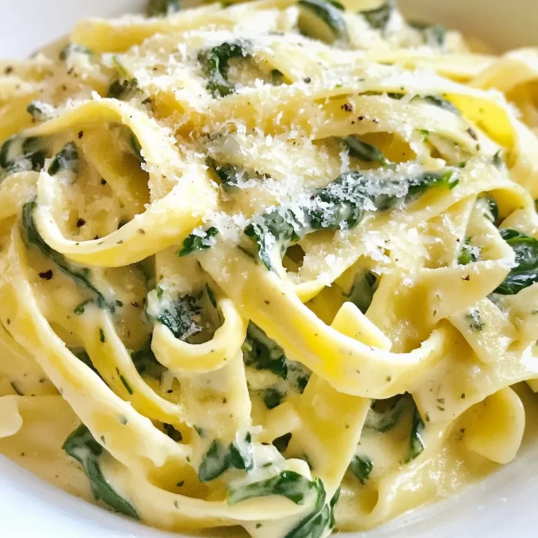 Für dieses Gericht benötigen Sie einige einfache Zutaten. Hier ist, was Sie brauchen: - 340 g Fettuccine-Nudeln - 4 Tassen frischer Spinat, grob gehackt - 2 Esslöffel Olivenöl - 3 Knoblauchzehen, fein gehackt - 480 ml Gemüsebrühe - 240 ml Sahne - 100 g geriebener Parmesan-Käse - Salz und Pfeffer nach Geschmack - 1/4 Teelöffel Muskatnuss (optional) - Chiliflocken zum Garnieren (optional) Diese Zutaten bilden die Basis für eine leckere und cremige Pasta. Um den Geschmack zu vertiefen, können Sie einige zusätzliche Zutaten hinzufügen. Hier einige Optionen: - Zwiebel, fein gehackt - Getrocknete Kräuter wie Oregano oder Basilikum - Frischer Zitronensaft für einen frischen Kick - Gehackte Nüsse wie Walnüsse oder Pinienkerne für einen Crunch Diese Zutaten heben den Geschmack der Pasta und bringen mehr Vielfalt. Die Wahl frischer Zutaten ist entscheidend. Hier einige Tipps, um die besten Zutaten auszuwählen: - Spinat: Wählen Sie leuchtend grüne Blätter ohne Flecken oder Verfärbungen. - Knoblauch: Suchen Sie nach festen, trockenen Knoblauchzehen ohne weichere Stellen. - Parmesan: Achten Sie auf frischen, geriebenen Käse für den besten Geschmack. Die Qualität der Zutaten beeinflusst das Endergebnis stark. Frische Zutaten sorgen für einen besseren Geschmack und eine schönere Präsentation. {{ingredient_image_2}} Zuerst erhitzen Sie 2 Esslöffel Olivenöl in einem großen Topf bei mittlerer Hitze. Fügen Sie 3 fein gehackte Knoblauchzehen hinzu und sautieren Sie sie etwa 1 Minute. Der Knoblauch soll gut duften, aber nicht bräunen. Jetzt geben Sie 340 g Fettuccine-Nudeln in den Topf. Gießen Sie 480 ml Gemüsebrühe über die Nudeln. Rühren Sie alles gut um, damit die Nudeln gleichmäßig in der Brühe liegen. Bringen Sie die Brühe zum Kochen und reduzieren Sie dann die Hitze. Decken Sie den Topf ab und lassen Sie die Nudeln 10 bis 12 Minuten köcheln. Rühren Sie gelegentlich um. Die Nudeln sollten al dente sein. Sobald sie fertig sind, fügen Sie 240 ml Sahne und 100 g geriebenen Parmesan-Käse hinzu. Rühren Sie alles gut um, bis der Käse geschmolzen ist und die Sauce schön cremig wird. Geben Sie jetzt 4 Tassen grob gehackten frischen Spinat nach und nach in den Topf. Rühren Sie weiter, bis der Spinat welk ist und gleichmäßig verteilt wird. Schmecken Sie die Mischung mit Salz, Pfeffer und 1/4 Teelöffel Muskatnuss ab, falls gewünscht. Kochen Sie alles weitere 1 bis 2 Minuten. So stellen Sie sicher, dass alles gut heiß ist. Lassen Sie das Gericht dann eine Minute ruhen, damit es leicht eindickt. Servieren Sie die Pasta heiß und garnieren Sie sie mit Chiliflocken, wenn Sie möchten. Um die perfekte cremige Sauce für deine One-Pot Alfredo Spinach Pasta zu machen, achte auf die Sahne. Sie sorgt für die nötige Cremigkeit. Verwende frische Sahne und keine fettarmen Varianten. Füge den geriebenen Parmesan langsam hinzu. Rühre gut um, damit sich der Käse gleichmäßig verteilt. So bleibt die Sauce schön glatt. Um Zeit zu sparen, bereite alle Zutaten vorher vor. Hacke den Knoblauch und den Spinat im Voraus. So kannst du schnell mit dem Kochen beginnen. Koche die Fettuccine direkt in der Gemüsebrühe. So sparst du dir einen Topf und die Pasta nimmt den Geschmack auf. Für eine ansprechende Garnierung streue Chiliflocken über die fertige Pasta. Das gibt einen schönen Farbtupfer und etwas Schärfe. Du kannst auch frische Kräuter wie Basilikum oder Petersilie verwenden. Diese bringen Frische und Farbe auf den Teller. Ein zusätzlicher Hauch Parmesan macht das Gericht noch besser. Pro Tipps Verwenden Sie frischen Spinat: Frischer Spinat hat einen deutlich besseren Geschmack und Nährwert als gefrorener. Achten Sie darauf, ihn gut zu waschen, um Sand und Schmutz zu entfernen. Perfekte Fettuccine: Achten Sie darauf, die Nudeln in ausreichend Wasser zu kochen, um ein Verkleben zu verhindern. Verwenden Sie einen großen Topf und rühren Sie gelegentlich um. Käsevariationen: Experimentieren Sie mit verschiedenen Käsesorten wie Pecorino oder Gouda für einen einzigartigen Geschmack. Mischen Sie die Käsesorten, um die perfekte Kombination zu finden. Würzen nach Geschmack: Probieren Sie die Soße während des Kochens aus und passen Sie die Gewürze an. Ein bisschen Zitronensaft kann die Aromen aufhellen und verstärken. {{image_4}} Du kannst viele verschiedene Nudelarten für dieses Gericht verwenden. Fettuccine ist großartig, aber auch Spaghetti oder Penne sind lecker. Wenn du eine glutenfreie Option suchst, probiere Reisnudeln. Diese Nudeln kochen schnell und nehmen die Sauce gut auf. Für eine vegetarische Version kannst du einfach die Sahne durch pflanzliche Sahne ersetzen. Sojasahne oder Hafercreme sind gute Optionen. Verwende veganen Parmesan-Käse, um den Käsegeschmack zu erhalten. Füge mehr Gemüse wie Brokkoli oder Paprika hinzu, um die Nährstoffe zu erhöhen. Wenn du Fleisch magst, gibt es viele tolle Ergänzungen. Hühnchen oder Garnelen passen perfekt zu diesem Gericht. Einfach das Fleisch in Stücke schneiden und es zusammen mit dem Knoblauch anbraten. Du kannst auch Speck oder Schinken hinzufügen, um einen rauchigen Geschmack zu erzielen. Achte darauf, dass das Fleisch gut durchgegart ist, bevor du die Nudeln hinzufügst. Um Reste von One-Pot Alfredo Spinach Pasta gut aufzubewahren, verwenden Sie einen luftdichten Behälter. Lassen Sie die Pasta vor dem Einlagern auf Raumtemperatur abkühlen. Füllen Sie dann den Behälter und verschließen Sie ihn gut. So bleibt die Pasta frisch und lecker. Wenn Sie die Reste aufwärmen, verwenden Sie einen Topf oder eine Mikrowelle. Geben Sie etwas Wasser oder Sahne dazu, um die Sauce cremig zu halten. Wärmen Sie die Pasta langsam auf, damit sie nicht austrocknet. Rühren Sie gut um, damit alles gleichmäßig warm wird. Im Kühlschrank hält sich die Pasta etwa 3-4 Tage. Achten Sie darauf, sie in einem luftdichten Behälter zu lagern. Wenn Sie länger aufbewahren wollen, können Sie die Pasta auch einfrieren. Füllen Sie die kalte Pasta in gefriergeeignete Behälter. So bleibt sie bis zu 3 Monate frisch. Lassen Sie die Pasta beim Auftauen im Kühlschrank über Nacht. Ja, du kannst gefrorenen Spinat verwenden. Achte darauf, ihn gut abzutropfen. Gefrorener Spinat hat oft mehr Wasser. Das kann die Sauce dünner machen. Wenn du gefrorenen Spinat nimmst, reduziere die Menge an Sahne. So bleibt die Sauce schön cremig. Du kannst die Sauce leicht anpassen. Füge mehr Parmesan hinzu für einen intensiveren Geschmack. Möchtest du es würziger? Dann gib etwas mehr Muskatnuss oder Chiliflocken dazu. Du kannst auch etwas Zitronensaft hinzufügen. Das gibt der Sauce einen frischen Touch. Ja, du kannst die Portionen nach Belieben verändern. Wenn du mehr Gäste hast, verdopple einfach alle Zutaten. Halbiere die Zutaten für eine kleinere Menge. Achte darauf, die Kochzeit für die Nudeln im Auge zu behalten. Überprüfe sie regelmäßig, damit sie nicht zu weich werden. In diesem Artikel habe ich die wichtigsten Zutaten für One-Pot Alfredo Spinach Pasta beschrieben. Ich habe euch gezeigt, wie ihr frische Zutaten auswählt, die Sauce zubereitet und den richtigen Geschmack trefft. Zudem gab ich Tipps für schnelle Zubereitung und Möglichkeiten für Variationen. Denkt daran, wie wichtig die Lagerung ist, um Reste frisch zu halten. Kochen macht Spaß, und mit diesen einfachen Schritten könnt ihr leckere Gerichte zaubern. Probiert es selbst aus und entdeckt neue Varianten!