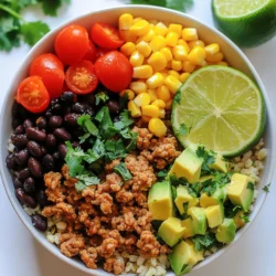 Für eine leckere und gesunde Truthahn Taco Schüssel benötigst du: - 450 g gemahlenes Truthahnfleisch - 1 Esslöffel Olivenöl - 1 kleine Zwiebel, gehackt - 2 Knoblauchzehen, fein gehackt - 1 Esslöffel Chiliflocken - 1 Teelöffel Kreuzkümmel - 1 Teelöffel geräuchertes Paprikapulver - 240 g schwarze Bohnen, abgetropft und gewaschen - 240 g Maiskörner (frisch, gefroren oder aus der Dose) - 240 g Kirschtomaten, halbiert - 1 Avocado, gewürfelt - 2 Tassen gekochter brauner Reis oder Quinoa - Frischer Koriander, gehackt (zum Garnieren) - Limettenviertel (zum Servieren) - Salz und Pfeffer nach Geschmack Diese Zutaten machen die Schüssel bunt und gesund. Das Truthahnfleisch ist eine tolle Proteinquelle. Die Bohnen und der Reis liefern Ballaststoffe, die dir helfen, dich satt zu fühlen. Die Gewürze sind wichtig für den Geschmack. Sie machen das Essen nicht nur lecker, sondern haben auch Vorteile: - Chiliflocken: Diese bringen Schärfe und fördern die Verdauung. - Kreuzkümmel: Dieses Gewürz hat einen warmen Geschmack und hilft bei der Verdauung. - Geräuchertes Paprikapulver: Es gibt der Schüssel ein rauchiges Aroma und ist reich an Antioxidantien. Diese Gewürze machen dein Gericht nicht nur schmackhaft, sie bringen auch viele gesundheitliche Vorteile mit. Frische Zutaten bringen Farbe und Geschmack. Hier sind einige Vorschläge: - Salatblätter: Füge etwas knackigen Salat hinzu. - Paprika: Geschnittene Paprika gibt einen süßen Geschmack. - Rote Zwiebeln: Diese sind mild und fügen eine schöne Farbe hinzu. - Jalapeños: Für einen extra Kick kannst du Jalapeños verwenden. Mit diesen frischen Zutaten kannst du deine Taco Schüssel individuell gestalten. Experimentiere und finde deine Lieblingskombination! {{ingredient_image_2}} Zuerst erhitzen Sie das Olivenöl in einer großen Pfanne bei mittlerer Hitze. Sobald das Öl heiß ist, fügen Sie die gehackte Zwiebel hinzu. Braten Sie die Zwiebel 3-4 Minuten an, bis sie weich wird. Dann geben Sie den fein gehackten Knoblauch dazu. Braten Sie alles für eine weitere Minute, bis es gut riecht. Nun erhöhen Sie die Hitze auf mittelhoch. Fügen Sie das gemahlene Truthahnfleisch hinzu. Braten Sie das Fleisch 5-7 Minuten lang an. Zerkleinern Sie es mit einem Löffel, bis es goldbraun und durchgegart ist. Das richtige Anbraten gibt dem Gericht Geschmack und Textur. Die Zwiebeln und der Knoblauch sind wichtig für den Geschmack. Zwiebeln bringen Süße und Knoblauch fügt Tiefe hinzu. Achten Sie darauf, die Zwiebeln zuerst zu braten. Sie brauchen etwas länger, um weich zu werden. Sobald Sie den Knoblauch hinzufügen, rühren Sie gut um. Knoblauch kann schnell verbrennen, also achten Sie darauf, dass er nicht zu dunkel wird. Ein guter Duft zeigt, dass Sie auf dem richtigen Weg sind. Jetzt kommt der spaßige Teil: das Zusammenstellen der Schüssel. Nehmen Sie eine große Servierschüssel. Geben Sie als erstes den gekochten braunen Reis oder Quinoa hinein. Das ist die Basis. Toppen Sie die Schüssel nun mit der Truthahn-Mischung. Verteilen Sie die halbierten Kirschtomaten gleichmäßig darauf. Fügen Sie die gewürfelten Avocados hinzu. Diese bringen Frische und Cremigkeit in Ihr Gericht. Garnieren Sie alles mit frischem Koriander. Das sorgt für einen tollen Farbkontrast. Servieren Sie die Schüssel mit Limettenvierteln an der Seite. Ein Spritzer Limettensaft macht alles noch frischer. Genießen Sie Ihre gesunde Truthahn Taco Schüssel! Um den besten Geschmack zu erzielen, mischen Sie die Gewürze gut. Verwenden Sie frische Chiliflocken für mehr Schärfe. Kreuzkümmel hat einen erdigen Geschmack, der das Gericht hebt. Geräuchertes Paprikapulver bringt ein rauchiges Aroma. Beginnen Sie mit kleinen Mengen und passen Sie nach Ihrem Geschmack an. Ein guter Mix macht den Unterschied! Achten Sie darauf, das Olivenöl gut zu erhitzen. Es hilft, die Zwiebeln goldbraun zu braten. Zwiebeln und Knoblauch sollten weich, aber nicht verbrannt sein. Wenn Sie das Truthahnfleisch anbraten, zerkleinern Sie es gut mit einem Löffel. Dies sorgt für eine gleichmäßige Garzeit. Fügen Sie die Bohnen und den Mais erst später hinzu, um ihre Textur zu bewahren. Präsentation ist wichtig! Verwenden Sie bunte Schalen für die Taco-Schüsseln. Ordnen Sie die Zutaten in Abschnitten an. Dies macht das Gericht lebendig und einladend. Beträufeln Sie die Schüssel mit Limettensaft für einen frischen Kick. Frischer Koriander oben drauf sieht toll aus und bringt Geschmack. Pro Tipps Frische Kräuter hinzufügen: Frischer Koriander oder Petersilie können das Gericht noch aromatischer machen und für einen zusätzlichen Farbtupfer sorgen. Variationen beim Fleisch: Probieren Sie anstelle von Truthahn auch Hähnchen- oder Rinderhackfleisch für unterschiedliche Geschmäcker aus. Würzige Note: Fügen Sie frische Jalapeños oder eine scharfe Salsa hinzu, um dem Gericht mehr Würze zu verleihen. Gesunde Alternativen: Ersetzen Sie den braunen Reis durch Blumenkohlreis, um die Kohlenhydrate zu reduzieren und eine kalorienärmere Option zu bieten. {{image_4}} Sie können die gesunde Truthahn Taco Schüssel ganz einfach vegetarisch gestalten. Statt Truthahn verwenden Sie 450 g schwarze Bohnen oder Linsen. Diese liefern viel Protein und Ballaststoffe. Für einen zusätzlichen Biss können Sie auch Tofu anbraten. Schneiden Sie ihn in kleine Würfel und braten Sie ihn in Olivenöl an, bis er goldbraun ist. Fügen Sie die gleichen Gewürze hinzu, die Sie für das Truthahnfleisch verwenden. Die Basis Ihrer Schüssel kann variieren. Anstelle von braunem Reis oder Quinoa probieren Sie Blumenkohlreis. Er ist kohlenhydratarm und leicht. Für die Toppings sind die Möglichkeiten endlos. Statt Avocado verwenden Sie Paprika oder Jalapeños für einen scharfen Kick. Fügen Sie frische Spinatblätter oder Rucola für mehr Nährstoffe hinzu. Für eine Low-Carb-Variante lassen Sie den Reis weg und nutzen Sie Zucchini-Nudeln oder Salatblätter. Diese sind frisch und leicht. Reduzieren Sie auch die Menge an Mais, da dieser kohlenhydratreich ist. Nutzen Sie stattdessen mehr Gemüsesorten wie Gurken oder Radieschen. Sie halten die Schüssel frisch und knackig. Um die Taco Schüssel richtig aufzubewahren, ist es wichtig, die Zutaten separat zu lagern. Bewahre das Truthahnfleisch in einem luftdichten Behälter auf. Das sorgt dafür, dass es frisch bleibt. Lagere die Bohnen, den Mais und die Tomaten ebenfalls getrennt. Die Avocado kann schnell braun werden, also schneide sie erst kurz vor dem Servieren. Im Kühlschrank hält sich die Taco Schüssel bis zu drei Tage. Stelle sicher, dass du sie gut abdeckst. Im Gefrierschrank bleibt die Mischung bis zu drei Monate frisch. Achte darauf, die Schüssel in Portionen zu verpacken. So kannst du sie einfach auftauen und genießen. Wenn du die Taco Schüssel wieder erwärmen möchtest, mache das sanft. Erhitze das Truthahnfleisch in einer Pfanne bei mittlerer Hitze. So bleibt die Textur gut. Du kannst auch die Mikrowelle nutzen. Stelle die Mikrowelle auf mittlere Leistung und erwärme die Mischung in kurzen Abständen. So vermeidest du ein Überkochen. Erwärme die anderen Zutaten wie die Bohnen und den Mais ebenfalls. So sind alle Teile gleichmäßig warm. Ja, du kannst die Zutaten im Voraus zubereiten. Koche das Truthahnfleisch und die Bohnen am Vortag. Das macht das Essen schneller. Lagere die Mischung im Kühlschrank. Am Tag des Servierens einfach aufwärmen. Mische die anderen Zutaten frisch hinzu. So bleibt alles frisch und lecker. Um die Schüssel gesünder zu machen, kannst du einige einfache Änderungen vornehmen. Nutze mageres Truthahnfleisch oder sogar Hühnchen. Ersetze den Reis durch Blumenkohlreis für weniger Kohlenhydrate. Füge mehr Gemüse hinzu, wie Paprika oder Spinat. Verwende frische Kräuter für mehr Geschmack. Das macht deine Schüssel nährstoffreicher und bunter. Es gibt viele leckere Beilagen, die gut dazu passen. Salsa ist eine tolle Wahl für zusätzlichen Geschmack. Guacamole ergänzt die Aromen perfekt. Joghurt oder saure Sahne können als Topping dienen. Auch Tortilla-Chips sind beliebt, wenn du etwas Knuspriges magst. Probiere verschiedene Kombinationen aus und finde deinen Favoriten! Die gesunde Truthahn Taco Schüssel bietet viel mehr als nur Geschmack. Wir haben die besten Hauptzutaten und Gewürze besprochen, die das Rezept bereichern. Du hast gelernt, wie du das Truthahnfleisch perfekt zubereitest und welche frischen Zutaten du einfügen kannst. Tipps zur Gewürzmischung und einfache Lagerung helfen dir, das Gericht ideal zuzubereiten. Denke daran, du kannst die Schüssel nach deinem Geschmack anpassen. Egal, ob vegetarisch oder mit Low-Carb-Optionen, die Möglichkeiten sind endlos. Probiere diese tollen Ideen aus und genieße dein neues Lieblingsessen!