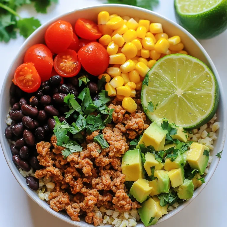 Für eine leckere und gesunde Truthahn Taco Schüssel benötigst du: - 450 g gemahlenes Truthahnfleisch - 1 Esslöffel Olivenöl - 1 kleine Zwiebel, gehackt - 2 Knoblauchzehen, fein gehackt - 1 Esslöffel Chiliflocken - 1 Teelöffel Kreuzkümmel - 1 Teelöffel geräuchertes Paprikapulver - 240 g schwarze Bohnen, abgetropft und gewaschen - 240 g Maiskörner (frisch, gefroren oder aus der Dose) - 240 g Kirschtomaten, halbiert - 1 Avocado, gewürfelt - 2 Tassen gekochter brauner Reis oder Quinoa - Frischer Koriander, gehackt (zum Garnieren) - Limettenviertel (zum Servieren) - Salz und Pfeffer nach Geschmack Diese Zutaten machen die Schüssel bunt und gesund. Das Truthahnfleisch ist eine tolle Proteinquelle. Die Bohnen und der Reis liefern Ballaststoffe, die dir helfen, dich satt zu fühlen. Die Gewürze sind wichtig für den Geschmack. Sie machen das Essen nicht nur lecker, sondern haben auch Vorteile: - Chiliflocken: Diese bringen Schärfe und fördern die Verdauung. - Kreuzkümmel: Dieses Gewürz hat einen warmen Geschmack und hilft bei der Verdauung. - Geräuchertes Paprikapulver: Es gibt der Schüssel ein rauchiges Aroma und ist reich an Antioxidantien. Diese Gewürze machen dein Gericht nicht nur schmackhaft, sie bringen auch viele gesundheitliche Vorteile mit. Frische Zutaten bringen Farbe und Geschmack. Hier sind einige Vorschläge: - Salatblätter: Füge etwas knackigen Salat hinzu. - Paprika: Geschnittene Paprika gibt einen süßen Geschmack. - Rote Zwiebeln: Diese sind mild und fügen eine schöne Farbe hinzu. - Jalapeños: Für einen extra Kick kannst du Jalapeños verwenden. Mit diesen frischen Zutaten kannst du deine Taco Schüssel individuell gestalten. Experimentiere und finde deine Lieblingskombination! {{ingredient_image_2}} Zuerst erhitzen Sie das Olivenöl in einer großen Pfanne bei mittlerer Hitze. Sobald das Öl heiß ist, fügen Sie die gehackte Zwiebel hinzu. Braten Sie die Zwiebel 3-4 Minuten an, bis sie weich wird. Dann geben Sie den fein gehackten Knoblauch dazu. Braten Sie alles für eine weitere Minute, bis es gut riecht. Nun erhöhen Sie die Hitze auf mittelhoch. Fügen Sie das gemahlene Truthahnfleisch hinzu. Braten Sie das Fleisch 5-7 Minuten lang an. Zerkleinern Sie es mit einem Löffel, bis es goldbraun und durchgegart ist. Das richtige Anbraten gibt dem Gericht Geschmack und Textur. Die Zwiebeln und der Knoblauch sind wichtig für den Geschmack. Zwiebeln bringen Süße und Knoblauch fügt Tiefe hinzu. Achten Sie darauf, die Zwiebeln zuerst zu braten. Sie brauchen etwas länger, um weich zu werden. Sobald Sie den Knoblauch hinzufügen, rühren Sie gut um. Knoblauch kann schnell verbrennen, also achten Sie darauf, dass er nicht zu dunkel wird. Ein guter Duft zeigt, dass Sie auf dem richtigen Weg sind. Jetzt kommt der spaßige Teil: das Zusammenstellen der Schüssel. Nehmen Sie eine große Servierschüssel. Geben Sie als erstes den gekochten braunen Reis oder Quinoa hinein. Das ist die Basis. Toppen Sie die Schüssel nun mit der Truthahn-Mischung. Verteilen Sie die halbierten Kirschtomaten gleichmäßig darauf. Fügen Sie die gewürfelten Avocados hinzu. Diese bringen Frische und Cremigkeit in Ihr Gericht. Garnieren Sie alles mit frischem Koriander. Das sorgt für einen tollen Farbkontrast. Servieren Sie die Schüssel mit Limettenvierteln an der Seite. Ein Spritzer Limettensaft macht alles noch frischer. Genießen Sie Ihre gesunde Truthahn Taco Schüssel! Um den besten Geschmack zu erzielen, mischen Sie die Gewürze gut. Verwenden Sie frische Chiliflocken für mehr Schärfe. Kreuzkümmel hat einen erdigen Geschmack, der das Gericht hebt. Geräuchertes Paprikapulver bringt ein rauchiges Aroma. Beginnen Sie mit kleinen Mengen und passen Sie nach Ihrem Geschmack an. Ein guter Mix macht den Unterschied! Achten Sie darauf, das Olivenöl gut zu erhitzen. Es hilft, die Zwiebeln goldbraun zu braten. Zwiebeln und Knoblauch sollten weich, aber nicht verbrannt sein. Wenn Sie das Truthahnfleisch anbraten, zerkleinern Sie es gut mit einem Löffel. Dies sorgt für eine gleichmäßige Garzeit. Fügen Sie die Bohnen und den Mais erst später hinzu, um ihre Textur zu bewahren. Präsentation ist wichtig! Verwenden Sie bunte Schalen für die Taco-Schüsseln. Ordnen Sie die Zutaten in Abschnitten an. Dies macht das Gericht lebendig und einladend. Beträufeln Sie die Schüssel mit Limettensaft für einen frischen Kick. Frischer Koriander oben drauf sieht toll aus und bringt Geschmack. Pro Tipps Frische Kräuter hinzufügen: Frischer Koriander oder Petersilie können das Gericht noch aromatischer machen und für einen zusätzlichen Farbtupfer sorgen. Variationen beim Fleisch: Probieren Sie anstelle von Truthahn auch Hähnchen- oder Rinderhackfleisch für unterschiedliche Geschmäcker aus. Würzige Note: Fügen Sie frische Jalapeños oder eine scharfe Salsa hinzu, um dem Gericht mehr Würze zu verleihen. Gesunde Alternativen: Ersetzen Sie den braunen Reis durch Blumenkohlreis, um die Kohlenhydrate zu reduzieren und eine kalorienärmere Option zu bieten. {{image_4}} Sie können die gesunde Truthahn Taco Schüssel ganz einfach vegetarisch gestalten. Statt Truthahn verwenden Sie 450 g schwarze Bohnen oder Linsen. Diese liefern viel Protein und Ballaststoffe. Für einen zusätzlichen Biss können Sie auch Tofu anbraten. Schneiden Sie ihn in kleine Würfel und braten Sie ihn in Olivenöl an, bis er goldbraun ist. Fügen Sie die gleichen Gewürze hinzu, die Sie für das Truthahnfleisch verwenden. Die Basis Ihrer Schüssel kann variieren. Anstelle von braunem Reis oder Quinoa probieren Sie Blumenkohlreis. Er ist kohlenhydratarm und leicht. Für die Toppings sind die Möglichkeiten endlos. Statt Avocado verwenden Sie Paprika oder Jalapeños für einen scharfen Kick. Fügen Sie frische Spinatblätter oder Rucola für mehr Nährstoffe hinzu. Für eine Low-Carb-Variante lassen Sie den Reis weg und nutzen Sie Zucchini-Nudeln oder Salatblätter. Diese sind frisch und leicht. Reduzieren Sie auch die Menge an Mais, da dieser kohlenhydratreich ist. Nutzen Sie stattdessen mehr Gemüsesorten wie Gurken oder Radieschen. Sie halten die Schüssel frisch und knackig. Um die Taco Schüssel richtig aufzubewahren, ist es wichtig, die Zutaten separat zu lagern. Bewahre das Truthahnfleisch in einem luftdichten Behälter auf. Das sorgt dafür, dass es frisch bleibt. Lagere die Bohnen, den Mais und die Tomaten ebenfalls getrennt. Die Avocado kann schnell braun werden, also schneide sie erst kurz vor dem Servieren. Im Kühlschrank hält sich die Taco Schüssel bis zu drei Tage. Stelle sicher, dass du sie gut abdeckst. Im Gefrierschrank bleibt die Mischung bis zu drei Monate frisch. Achte darauf, die Schüssel in Portionen zu verpacken. So kannst du sie einfach auftauen und genießen. Wenn du die Taco Schüssel wieder erwärmen möchtest, mache das sanft. Erhitze das Truthahnfleisch in einer Pfanne bei mittlerer Hitze. So bleibt die Textur gut. Du kannst auch die Mikrowelle nutzen. Stelle die Mikrowelle auf mittlere Leistung und erwärme die Mischung in kurzen Abständen. So vermeidest du ein Überkochen. Erwärme die anderen Zutaten wie die Bohnen und den Mais ebenfalls. So sind alle Teile gleichmäßig warm. Ja, du kannst die Zutaten im Voraus zubereiten. Koche das Truthahnfleisch und die Bohnen am Vortag. Das macht das Essen schneller. Lagere die Mischung im Kühlschrank. Am Tag des Servierens einfach aufwärmen. Mische die anderen Zutaten frisch hinzu. So bleibt alles frisch und lecker. Um die Schüssel gesünder zu machen, kannst du einige einfache Änderungen vornehmen. Nutze mageres Truthahnfleisch oder sogar Hühnchen. Ersetze den Reis durch Blumenkohlreis für weniger Kohlenhydrate. Füge mehr Gemüse hinzu, wie Paprika oder Spinat. Verwende frische Kräuter für mehr Geschmack. Das macht deine Schüssel nährstoffreicher und bunter. Es gibt viele leckere Beilagen, die gut dazu passen. Salsa ist eine tolle Wahl für zusätzlichen Geschmack. Guacamole ergänzt die Aromen perfekt. Joghurt oder saure Sahne können als Topping dienen. Auch Tortilla-Chips sind beliebt, wenn du etwas Knuspriges magst. Probiere verschiedene Kombinationen aus und finde deinen Favoriten! Die gesunde Truthahn Taco Schüssel bietet viel mehr als nur Geschmack. Wir haben die besten Hauptzutaten und Gewürze besprochen, die das Rezept bereichern. Du hast gelernt, wie du das Truthahnfleisch perfekt zubereitest und welche frischen Zutaten du einfügen kannst. Tipps zur Gewürzmischung und einfache Lagerung helfen dir, das Gericht ideal zuzubereiten. Denke daran, du kannst die Schüssel nach deinem Geschmack anpassen. Egal, ob vegetarisch oder mit Low-Carb-Optionen, die Möglichkeiten sind endlos. Probiere diese tollen Ideen aus und genieße dein neues Lieblingsessen!