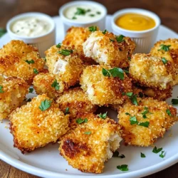 - 450 g Hähnchenbrustfilet - 240 ml Paniermehl - 50 g geriebener Parmesan - Knoblauchpulver - Zwiebelpulver - Paprika - Salz - schwarzer Pfeffer - 2 verquirlte Eier - 1 Esslöffel Olivenöl Die Hauptzutaten bilden die Basis für Ihre knusprigen Nuggets. Ich empfehle, frisches Hähnchenbrustfilet zu verwenden. Es hat den besten Geschmack und die beste Textur. Paniermehl sorgt für die perfekte Knusprigkeit. Ich verwende oft Panko, weil es extra knusprig wird. Der Parmesan gibt den Nuggets eine tolle Geschmackstiefe. Die Gewürze sind wichtig. Knoblauchpulver und Zwiebelpulver bringen ein tolles Aroma. Paprika fügt einen schönen Farbton hinzu. Salz und schwarzer Pfeffer runden das Ganze ab und steigern den Geschmack. Die Eier helfen, die Panade gut an den Hähnchenstücken zu befestigen. Olivenöl gibt den Nuggets eine goldene Kruste. Es sorgt auch dafür, dass sie nicht austrocknen. Bereiten Sie alles vor, bevor Sie mit dem Kochen beginnen. So läuft alles glatt und die Nuggets werden super lecker. {{ingredient_image_2}} Um die besten Air Fryer Chicken Nuggets zu machen, beginne mit der Paniermehlmischung. Nimm eine große Schüssel und mische: - 240 ml Paniermehl (Panko für extra Knusprigkeit) - 50 g geriebener Parmesan - 1 Teelöffel Knoblauchpulver - 1 Teelöffel Zwiebelpulver - 1 Teelöffel Paprika - 1/2 Teelöffel Salz - 1/2 Teelöffel schwarzer Pfeffer Rühre alles gut um, damit die Gewürze gleichmäßig verteilt sind. Jetzt schneide das Hähnchenbrustfilet in 2,5 cm große Würfel. Achte darauf, dass die Stücke gleich groß sind. Das hilft beim gleichmäßigen Garen. In einer separaten Schüssel verquirlst du zwei Eier. Nimm jeden Hähnchenwürfel und tauche ihn in das verquirlte Ei. Stelle sicher, dass das Hähnchen vollständig umhüllt ist. Danach wälze das Hähnchenstück in der Paniermehlmischung. Drücke leicht, damit die Panade gut haftet. Wiederhole diesen Schritt, bis alle Stücke paniert sind. Heize deinen Air Fryer auf 200 °C vor, was etwa 5 Minuten dauert. Lege die panierten Hähnchenstücke in den Korb des Air Fryers in einer einzigen Schicht. Achte darauf, dass sie nicht übereinanderliegen. Besprühe die Nuggets leicht mit Olivenöl, um sie goldbraun zu machen. Garen sie für 10-12 Minuten. Wende die Nuggets zur Hälfte der Garzeit, um sicherzustellen, dass sie gleichmäßig knusprig werden. Überprüfe, ob die Kerntemperatur 75 °C erreicht hat, bevor du sie herausnimmst. Lass sie kurz abkühlen, bevor du sie servierst. - Verwendung von Panko: Panko ist leichter und luftiger als normales Paniermehl. Es gibt den Nuggets eine knusprige Textur. Wenn du die Nuggets mit Panko panierst, werden sie perfekt knusprig. - Olivenöl richtig einsprühen: Ein leichter Sprühstoß Olivenöl hilft, die Nuggets goldbraun zu machen. Verwende einen Sprühkopf oder Mister für ein gleichmäßiges Ergebnis. - Überfüllung des Air Fryers: Lege die Nuggets in einer einzigen Schicht. Wenn du zu viele auf einmal garst, werden sie nicht gleichmäßig knusprig. Arbeite in mehreren Chargen, wenn nötig. - Ungleichmäßiges Wenden: Wende die Nuggets zur Hälfte der Garzeit. So garen sie gleichmäßig und werden von beiden Seiten knusprig. - Die beste Präsentation: Serviere die Nuggets auf einer schönen Platte. Lege sie auf frischem Blattgemüse. Das sieht gut aus und schmeckt frisch. - Auswahl der Dips: Wähle deine Lieblingsdip-Saucen aus. Ranch, Honig-Senf oder BBQ passen hervorragend zu den Nuggets. Experimentiere mit verschiedenen Dips für neuen Geschmack! Profi Tipps Wähle die richtige Panade: Verwende Panko-Paniermehl für extra Knusprigkeit, da es leichter und luftiger ist als normales Paniermehl. Marinieren für mehr Geschmack: Lasse die Hähnchenwürfel vor dem Panieren für mindestens 30 Minuten in einer Marinade aus Joghurt und Gewürzen ziehen, um den Geschmack zu intensivieren. Die richtige Temperatur: Stelle sicher, dass der Air Fryer vor dem Garen gut vorgeheizt ist, damit die Nuggets gleichmäßig und knusprig garen. Nuggets nicht überladen: Gare die Nuggets in einer einzelnen Schicht, um sicherzustellen, dass sie gleichmäßig knusprig werden und nicht dampfen. {{image_4}} Fügen Sie neue Geschmäcker hinzu, um die Nuggets spannend zu machen. Kräuter wie Thymian oder Oregano geben einen frischen Kick. Schärfere Varianten sind ebenfalls möglich. Fügen Sie etwas Cayennepfeffer oder Chili-Pulver hinzu. So erhalten Sie eine feurige Note, die den Gaumen erfreut. Sie können die Nuggets auch mit Gemüse aufpeppen. Verwenden Sie gemischtes Gemüse wie Karotten oder Zucchini. Diese kleinen Stücke geben Farbe und Nährstoffe. Wenn Sie Käse lieben, fügen Sie eine Käsefüllung hinzu. Ein Stück Mozzarella im Inneren schmilzt und sorgt für einen köstlichen Überraschungsmoment. Für alle, die glutenfrei essen, gibt es tolle Alternativen. Nutzen Sie glutenfreies Paniermehl. So bleiben die Nuggets knusprig und lecker. Eine weitere Option ist die Verwendung von Hähnchenbrust aus der Tiefkühltruhe. Achten Sie darauf, dass diese ebenfalls glutenfrei ist. So können Sie die Nuggets genießen, ohne auf Geschmack zu verzichten. Die besten Lagerbedingungen für Hähnchen Nuggets sind kühl und trocken. Legen Sie die Reste in einen luftdichten Behälter. So bleiben sie frisch und lecker. Im Kühlschrank halten sie sich bis zu drei Tage. Überprüfen Sie die Nuggets vor dem Essen. Bei ungewöhnlichem Geruch oder Aussehen sollten Sie sie wegwerfen. Um die Nuggets richtig einzufrieren, lassen Sie sie zuerst abkühlen. Legen Sie die abgekühlten Nuggets in einen gefrierfesten Beutel. Drücken Sie die Luft heraus, bevor Sie den Beutel schließen. So verhindern Sie Gefrierbrand. Die Nuggets können bis zu drei Monate eingefroren bleiben. Zum Wiedererwärmen legen Sie die gefrorenen Nuggets direkt in den Air Fryer. Garen Sie sie bei 200 °C für 15 Minuten. So bleiben sie knusprig und köstlich. Mit übrig gebliebenen Nuggets können Sie kreative neue Rezepte ausprobieren. Zerbröseln Sie die Nuggets für einen leckeren Salat. Sie können auch Sandwiches oder Wraps damit füllen. Eine schnelle Möglichkeit ist, die Nuggets in einer Pfanne mit Gemüse zu braten. So haben Sie in kurzer Zeit ein vollwertiges Gericht. Die Garzeit für gefrorene Nuggets beträgt etwa 12 bis 15 Minuten. Stellen Sie den Air Fryer auf 200 °C ein. Schütteln Sie die Nuggets in der Hälfte der Zeit. So werden sie gleichmäßig gar und knusprig. Überprüfen Sie die Kerntemperatur. Sie sollte mindestens 75 °C betragen. Das sorgt für sicheren Genuss. Ja, Sie können die Nuggets auch ohne Olivenöl machen. Verwenden Sie einfach einen Sprühkopf mit Wasser oder Brühe. Dies hilft, die Nuggets feucht zu halten. Achten Sie darauf, die Nuggets öfter zu wenden. So erhalten sie eine schöne Kruste. Die Textur könnte jedoch weniger knusprig sein. Beliebte Dips sind Ranch, Honig-Senf und BBQ-Sauce. Diese passen gut zu den knusprigen Nuggets. Sie können auch Guacamole oder eine scharfe Sauce ausprobieren. Dips bringen zusätzlichen Geschmack. Experimentieren Sie mit verschiedenen Kombinationen, um Ihre Favoriten zu finden. Diese Anleitung deckt alles ab, was du über knusprige Hähnchen-Nuggets wissen musst. Vom Vorbereiten der Zutaten bis hin zu Varianten und Aufbewahrung. Du hast die wichtigsten Schritte und Tipps gelernt. Nutze die Rezepte, um kreativ zu sein und deine eigenen perfekten Nuggets zu kreieren. Denke daran, die richtigen Gewürze zu wählen und die Nuggets gut zu servieren. Mit etwas Übung hast du bald die besten Snacks für dich und deine Familie. Viel Spaß beim Kochen und Experimentieren!