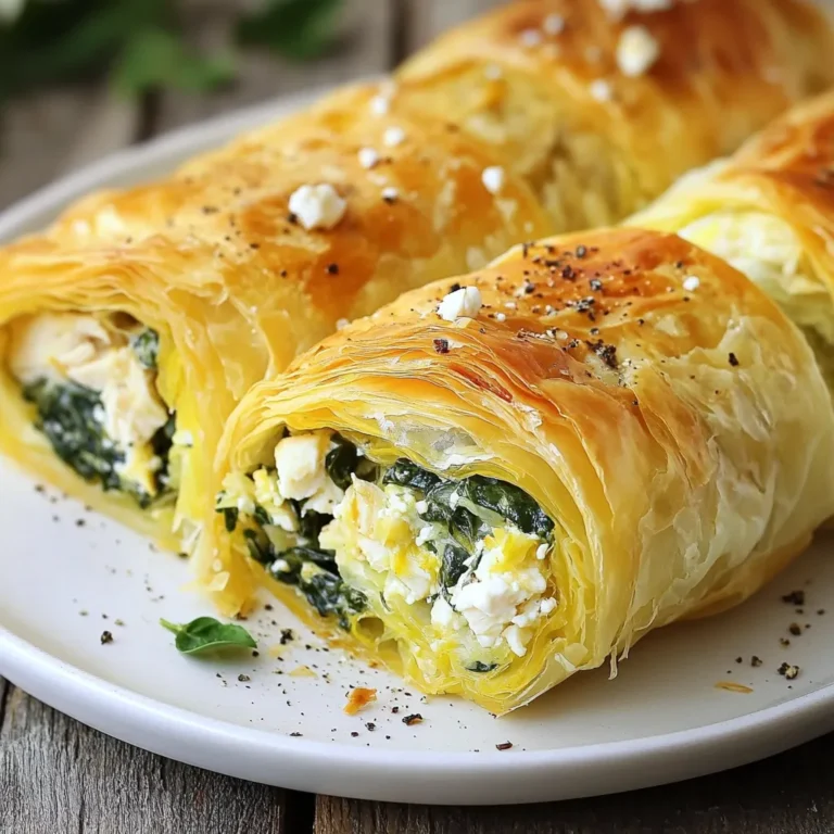 Für einen leckeren Hühnchen-Spinat-Filo-Pie brauchst du folgende Hauptzutaten: - 2 Tassen gekochtes Hühnchen, zerkleinert - 2 Tassen frischer Spinat, grob gehackt - 1 Tasse Ricotta-Käse - 1 Tasse Feta-Käse, zerbröckelt - 1 mittelgroße Zwiebel, fein gehackt - 2 Knoblauchzehen, gehackt - 1 Teelöffel Muskatnuss - 1 Teelöffel Salz - ½ Teelöffel schwarzer Pfeffer - 10 Blätter Filo-Teig - ½ Tasse geschmolzene Butter (zum Bestreichen) - 1 Ei, verquirlt (zum Bestreichen) Diese Zutaten sorgen für einen tollen Geschmack und eine gute Textur. Das Hühnchen gibt dir Proteine, und der Spinat bringt wichtige Vitamine. Du kannst das Rezept nach deinem Geschmack anpassen. Hier sind einige Ideen: - Ersetze das Hühnchen durch Pute oder Tofu für eine vegetarische Option. - Füge etwas geriebenen Käse wie Parmesan hinzu, um mehr Geschmack zu bekommen. - Experimentiere mit Kräutern wie Dill oder Petersilie. Diese Variationen helfen dir, deinen Filo-Pie ganz nach deinem Wunsch zu gestalten. Sei kreativ und finde das, was dir am besten schmeckt! Dieser Hühnchen-Spinat-Filo-Pie ist nicht nur lecker, sondern auch nahrhaft. Hier sind einige Nährstoffinformationen, die du beachten solltest: - Hühnchen ist eine hervorragende Proteinquelle. - Spinat liefert wichtige Vitamine wie Vitamin A, C und K. - Ricotta-Käse bietet Kalzium und hilft beim Knochenaufbau. - Feta-Käse hat weniger Fett als viele andere Käsesorten. Jede Portion enthält eine gute Mischung aus Proteinen, Vitaminen und Mineralstoffen. So kannst du dir sicher sein, dass du etwas Gesundes isst. {{ingredient_image_2}} Zuerst heizen Sie den Ofen auf 190°C vor. Diese Temperatur sorgt für eine schön knusprige Kruste. Nehmen Sie eine große Pfanne und erhitzen Sie einen Schuss Olivenöl. Fügen Sie die fein gehackte Zwiebel und die gehackten Knoblauchzehen hinzu. Sautieren Sie die Mischung, bis die Zwiebel durchsichtig ist. Dies dauert etwa 5 Minuten. Dann kommt der grob gehackte Spinat dazu. Kochen Sie ihn, bis er welk ist. Das dauert nur 3 Minuten. Nehmen Sie die Pfanne vom Herd und lassen Sie die Mischung leicht abkühlen. In einer großen Rührschüssel kombinieren Sie die folgenden Zutaten: - 2 Tassen gekochtes Hühnchen, zerkleinert - 1 Tasse Ricotta-Käse - 1 Tasse Feta-Käse, zerbröckelt - Die abgekühlte Spinat-Zwiebel-Knoblauch-Mischung - 1 Teelöffel Muskatnuss - 1 Teelöffel Salz - ½ Teelöffel schwarzer Pfeffer Vermengen Sie alles gut, bis die Zutaten gleichmäßig verteilt sind. Diese Mischung gibt dem Filo-Pie seinen herzhaften Geschmack. Legen Sie ein Blatt Filo-Teig auf eine saubere, trockene Arbeitsfläche. Bestreichen Sie es leicht mit geschmolzener Butter. Legen Sie ein weiteres Blatt darauf und wiederholen Sie diesen Vorgang. Erstellen Sie insgesamt 5 Schichten Filo. Löffeln Sie die Hühnchen-Spinat-Mischung entlang einer Seite des Filo-Teigs und formen Sie sie zu einer Rolle. Falten Sie die Seiten über die Füllung und rollen Sie sie straff zu einem Zylinder auf. Wiederholen Sie diesen Vorgang mit dem restlichen Teig und der Füllung. Legen Sie die gerollten Filo-Pies mit der Nahtseite nach unten auf ein Backblech. Bestreichen Sie die Oberseiten mit dem verquirlten Ei. So bekommen die Pies eine goldene Farbe. Backen Sie die Pies im vorgeheizten Ofen für 25-30 Minuten. Sie sind fertig, wenn das Gebäck goldbraun und knusprig ist. Lassen Sie sie einige Minuten abkühlen, bevor Sie sie schneiden und genießen. Ein häufiger Fehler ist, den Filo-Teig nicht ausreichend zu schichten. Achte darauf, mindestens fünf Schichten zu verwenden. So bleibt der Teig knusprig. Ein weiterer Fehler ist, die Füllung zu überfüllen. Halte die Menge in einem angemessenen Bereich, damit die Filo-Pies gut rollen. Lass die Mischung auch leicht abkühlen, bevor du sie aufträgst. So vermeidest du, dass der Teig matschig wird. Für die Zubereitung des Hühnchen-Spinat-Filo-Pies sind einige Werkzeuge sehr nützlich: - Große Pfanne: Zum Sautieren der Zwiebeln und des Spinats. - Rührschüssel: Für das Mischen der Füllung. - Backblech: Zum Backen der Pies. - Pinsel: Zum Bestreichen des Filo-Teigs mit Butter oder Ei. - Schneidebrett: Zum Zerkleinern von Zwiebeln und Knoblauch. Mit diesen Werkzeugen wird das Kochen einfacher und schneller. Serviere die Pies warm auf einem rustikalen Holzbrett. Das macht einen schönen Eindruck. Garniere sie mit frischem Spinat oder einem Spritzer Zitronensaft. Das bringt Frische und Farbe auf den Teller. Du kannst auch einen frischen Salat als Beilage anbieten. So erhältst du ein ausgewogenes Gericht. Pro Tips Tip Title: Verwenden Sie frischen Spinat: Frischer Spinat bietet nicht nur einen besseren Geschmack, sondern auch eine schönere Textur im Vergleich zu gefrorenem Spinat. Stellen Sie sicher, dass er vor der Verwendung gründlich gewaschen wird. Tip Title: Schichten des Filo-Teigs: Beim Arbeiten mit Filo-Teig ist es wichtig, ihn feucht zu halten, um ein Austrocknen zu verhindern. Decken Sie unbenutzte Blätter mit einem feuchten Tuch ab, während Sie arbeiten. Tip Title: Gewürze anpassen: Experimentieren Sie mit den Gewürzen in der Füllung! Fügen Sie etwas Zitronenschale oder frische Kräuter wie Dill oder Petersilie hinzu, um die Aromen zu variieren und das Gericht aufzupeppen. Tip Title: Perfekte Backzeit: Achten Sie darauf, die Pies im Ofen genau zu beobachten. Die Backzeit kann je nach Ofen variieren. Suchen Sie nach einer schönen goldbraunen Farbe, um sicherzustellen, dass sie knusprig sind. {{image_4}} Wenn Sie eine vegetarische Variante wünschen, ersetzen Sie das Hühnchen. Nutzen Sie stattdessen mehr Spinat oder fügen Sie andere Gemüse hinzu. Zucchini oder Paprika sind großartige Optionen. Sie können auch Kichererbsen für mehr Protein verwenden. Diese Zutaten passen gut zu Ricotta und Feta. Für eine andere Proteinquelle probieren Sie Linsen oder Quinoa. Diese Lebensmittel sind gesund und nahrhaft. Sie können auch Tofu verwenden. Mariniertes Tofu gibt einen tollen Geschmack. Kombinieren Sie das Protein mit den gleichen Gewürzen. Das sorgt für ein tolles Aroma. Wenn Sie gesündere Filo-Teig-Optionen suchen, verwenden Sie Vollkorn-Filo. Diese Variante hat mehr Ballaststoffe. Alternativ können Sie auch weniger Blätter verwenden. Reduzieren Sie die Menge an Butter, um das Gericht leichter zu machen. Achten Sie darauf, den Teig gut zu lagern, damit er nicht austrocknet. Um die Reste von Hühnchen-Spinat-Filo-Pie aufzubewahren, lassen Sie sie zuerst abkühlen. Wickeln Sie die Pies in Frischhaltefolie oder legen Sie sie in einen luftdichten Behälter. So bleibt die Knusprigkeit besser erhalten. Um die Pies aufzuwärmen, legen Sie sie auf ein Backblech bei 180°C für etwa 10-15 Minuten in den Ofen. So werden sie wieder knusprig und lecker. Im Kühlschrank halten die Reste bis zu drei Tage. Achten Sie darauf, sie gut verpackt aufzubewahren. Im Gefrierschrank können Sie die Pies bis zu drei Monate lagern. Ein guter Tipp: Teilen Sie die Pies in Portionen auf, bevor Sie sie einfrieren. So können Sie einfach die gewünschte Menge auftauen. Um matschigen Teig zu vermeiden, lagern Sie die Pies nicht in einer feuchten Umgebung. Feuchtigkeit lässt den Filo-Teig schnell weich werden. Verwenden Sie auch frische Zutaten für die Füllung, und lassen Sie die Mischung vor dem Einwickeln etwas abkühlen. Achten Sie darauf, beim Backen genug Hitze zu verwenden, damit der Teig schön knusprig wird. Wenn du kein Hühnchen magst, gibt es viele Alternativen. Du kannst gekochten Truthahn verwenden. Das ergibt einen ähnlichen Geschmack. Eine andere Option ist Tofu. Er ist eine großartige Proteinquelle für Vegetarier. Auch Lachs oder Thunfisch passen gut. Diese Fische geben dem Gericht einen frischen Geschmack. Achte darauf, das Fleisch oder den Fisch gut zu würzen. Das Einfrieren ist einfach! Lass den Filo-Pie zuerst abkühlen. Wickel ihn dann gut in Frischhaltefolie ein. Du kannst ihn auch in einen luftdichten Behälter legen. Achte darauf, dass keine Luft eindringt. So bleibt der Pie bis zu drei Monate frisch. Zum Aufwärmen, backe ihn einfach gefroren bei 190°C für etwa 30-35 Minuten. Zu Hühnchen-Spinat-Filo-Pie passen viele Beilagen. Ein frischer grüner Salat ist eine tolle Wahl. Du kannst auch einen Joghurtdip dazu machen. Eine cremige Knoblauchsoße ergänzt die Aromen gut. Wenn du es herzhaft magst, sind gebratene Kartoffeln eine gute Option. Diese Beilagen bringen zusätzliche Frische und Geschmack. In diesem Blogpost haben wir die Hauptzutaten für Hühnchen-Spinat-Filo-Pie betrachtet. Wir haben Schritt-für-Schritt-Anleitungen gegeben und viele nützliche Tipps geteilt. Von Variationen bis hin zu Aufbewahrung hast du nun alles, um einen köstlichen Pie zu machen. Denke an die häufigsten Fehler, um dein Gericht perfekt zu machen. Egal, ob du es frisch zubereitest oder einfrierst, du wirst sicher Freude daran haben. Viel Spaß beim Kochen und Genießen!