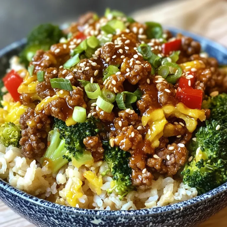 Die Hauptzutaten für diese Bowl sind einfach und frisch. Du brauchst: - 450 g gemahlenes Truthahnfleisch - 2 Esslöffel scharfer Honig - 1 Esslöffel Olivenöl - 1 rote Paprika, gewürfelt - 1 Tasse Brokkoliröschen - 1 Tasse gekochter brauner Reis (oder Quinoa) - 2 Knoblauchzehen, fein gehackt - 1 Teelöffel frisch geriebener Ingwer - 3 Frühlingszwiebeln, gehackt - 1 Esslöffel Sojasauce (oder Tamari für glutenfrei) - Salz und Pfeffer nach Geschmack - Sesamsamen zum Garnieren Mit diesen Zutaten zauberst du eine köstliche und gesunde Mahlzeit. Das gemahlene Truthahnfleisch ist mager und proteinreich. Der scharfe Honig bringt eine süße Schärfe, die das Gericht aufregend macht. Die Gewürze sind entscheidend. Knoblauch und Ingwer geben Tiefe. Die Sojasauce fügt einen salzigen Umami-Geschmack hinzu. Du kannst auch Chili-Flocken für mehr Hitze hinzufügen. Diese Kombination bringt die Aromen perfekt in Einklang. Für gesunde Beilagen kannst du verschiedene Optionen wählen. Brokkoli ist nährstoffreich und bunt. Du kannst auch Karotten oder Zucchini verwenden. Diese Gemüse sind leicht zu dünsten und passen gut zu den Aromen. Quinoa ist eine tolle glutenfreie Option. Es bringt Ballaststoffe und Proteine in deine Bowl. {{ingredient_image_2}} Zuerst erhitzen Sie das Olivenöl in einer großen Pfanne. Stellen Sie die Hitze auf mittel. Fügen Sie den fein gehackten Knoblauch und den frisch geriebenen Ingwer hinzu. Sautieren Sie beides für etwa 1 Minute. Es sollte aromatisch riechen. Geben Sie dann das gemahlene Truthahnfleisch in die Pfanne. Zerbrechen Sie es mit einem Spatel. Kochen Sie das Fleisch für 5 bis 7 Minuten. Es sollte schön gebräunt und gut durchgegart sein. Mischen Sie den scharfen Honig und die Sojasauce gut unter. Schmecken Sie das Gericht mit Salz und Pfeffer ab. Lassen Sie das Ganze für weitere 2 Minuten kochen. In einem separaten Topf dünsten Sie die Brokkoliröschen. Das dauert etwa 4 bis 5 Minuten. Sie sollten zart, aber noch lebhaft grün sein. Fügen Sie in der letzten Minute die gewürfelte rote Paprika zur Truthahn-Mischung hinzu. Kochen Sie beides bis die Paprika leicht weich ist. Das Gemüse bringt Farbe und Nährstoffe in die Bowl. Jetzt ist es Zeit, die Bowl zusammenzustellen. Beginnen Sie mit einer Schicht aus gekochtem braunem Reis oder Quinoa. Geben Sie die Mischung aus Hot Honey Ground Turkey darüber. Fügen Sie die gedämpften Brokkoliröschen hinzu. Bestreuen Sie alles mit den gehackten Frühlingszwiebeln. Zum Schluss dekorieren Sie die Bowl mit Sesamsamen. Servieren Sie die Schalen in bunten Schüsselchen. Achten Sie darauf, dass jede Portion gleichmäßig mit Garnituren dekoriert ist. So sieht es nicht nur gut aus, sondern schmeckt auch fantastisch! Um das beste Truthahnfleisch zu bekommen, achte auf die Hitze. Erhitze das Olivenöl gut in der Pfanne. Füge den Knoblauch und Ingwer hinzu, bevor du das Fleisch gibst. Brate es für 5-7 Minuten, bis das Fleisch bräunt. Zerbrich das Fleisch mit einem Spatel, damit es gleichmäßig kocht. Wenn du den scharfen Honig und die Sojasauce hinzufügst, vermische alles gut. So bekommst du den besten Geschmack. Du kannst die Schärfe anpassen. Probiere mehr scharfen Honig oder füge rote Chili-Flocken hinzu. Möchtest du einen fruchtigen Geschmack? Versuche, Ananas oder Mango hinzuzufügen. Das gibt deiner Bowl eine süße Note. Für mehr Textur, füge Nüsse oder Samen hinzu. Geröstete Erdnüsse oder Cashews passen gut. Variiere die Gemüsearten, um neue Aromen zu entdecken. Erbsen oder Zucchini sind tolle Alternativen. Die Präsentation macht viel aus. Nutze bunte Schalen, um die Bowl lebendig zu gestalten. Beginne mit einer Schicht Reis oder Quinoa. Füge dann die Truthahn-Mischung hinzu. Platziere die Brokkoliröschen schön darauf. Garniere mit Frühlingszwiebeln und Sesamsamen. Achte darauf, dass jede Portion gleich aussieht. So sieht die Bowl nicht nur gut aus, sie schmeckt auch besser! Pro Tipps Würzen für mehr Geschmack: Experimentieren Sie mit zusätzlichen Gewürzen wie Paprika oder Cayennepfeffer, um dem Gericht eine zusätzliche Geschmacksnote zu verleihen. Gemüse variieren: Fügen Sie zusätzliches Gemüse wie Zucchini oder Karotten hinzu, um die Nährstoffe zu erhöhen und den Geschmack zu variieren. Honig anpassen: Passen Sie die Menge des scharfen Honigs nach Ihrem persönlichen Geschmack an, um die gewünschte Süße oder Schärfe zu erreichen. Vorbereitung erleichtern: Bereiten Sie die Zutaten im Voraus vor, um die Zubereitung während der Woche schneller und einfacher zu gestalten. {{image_4}} Um das Rezept glutenfrei zu machen, verwende Tamari statt Sojasauce. Tamari hat einen ähnlichen Geschmack, ist jedoch glutenfrei. Achte darauf, dass der scharfe Honig ebenfalls glutenfrei ist. Diese kleinen Änderungen machen dein Gericht sicher für alle, die Gluten meiden. Wenn du eine vegetarische Option möchtest, kannst du das Truthahnfleisch durch eine pflanzliche Proteinquelle ersetzen. Tofu oder tempeh sind großartige Alternativen. Stelle sicher, dass du das Gemüse gut würzt, um einen vollen Geschmack zu erhalten. Du kannst auch Kichererbsen verwenden, um mehr Protein zu bekommen. Für schärfere Geschmäcker füge mehr scharfen Honig hinzu. Du kannst auch frische Chilis oder rote Pfefferflocken einsetzen. Diese bringen zusätzliche Hitze und Geschmack in die Bowl. Experimentiere mit der Menge, um die perfekte Schärfe für dich zu finden. Um den Hot Honey Ground Turkey Bowl frisch zu halten, lagere die Schalen in luftdichten Behältern. Das verhindert, dass die Aromen entweichen. Stelle sicher, dass das Gericht vollständig abgekühlt ist, bevor du es in den Kühlschrank stellst. So bleibt die Textur des Truthahnfleischs und des Gemüses erhalten. Im Kühlschrank hält sich die Bowl bis zu drei Tage. Achte darauf, sie bei 4 Grad Celsius oder kälter zu lagern. Vor dem Servieren einfach die Schalen aufwärmen. Du kannst dafür die Mikrowelle oder eine Pfanne verwenden. Das bringt die Aromen zurück und macht das Gericht wieder lecker. Wenn du die Bowl länger aufbewahren möchtest, friere die einzelnen Komponenten ein. Das gemahlene Truthahnfleisch, das Gemüse und der Reis lassen sich gut einfrieren. Verwende gefriergeeignete Behälter oder Beutel. So bleibt die Qualität auch nach dem Auftauen hoch. Zum Auftauen kannst du die Zutaten einfach über Nacht im Kühlschrank lagern. Scharfer Honig hat einen süßen und würzigen Geschmack. Die Schärfe hängt von der verwendeten Chili ab. Viele Marken verwenden Jalapeños oder Habaneros. Diese Chilis geben eine milde bis mittlere Schärfe. Du kannst die Menge an scharfem Honig anpassen, um die Schärfe zu steuern. Probiere es einfach aus, um deinen perfekten Grad an Schärfe zu finden. Ja, du kannst das Rezept im Voraus vorbereiten. Koche das Truthahnfleisch und das Gemüse. Lass sie abkühlen und lege sie in den Kühlschrank. So bleiben die Aromen frisch. Wenn du bereit bist zu essen, erhitze alles in der Pfanne. Füge dann den gekochten Reis oder Quinoa hinzu. So hast du schnell eine leckere Mahlzeit! Ein paar Beilagen passen gut zu dieser Bowl. Hier sind einige Vorschläge: - Frisch geschnittene Avocado - Ein einfacher grüner Salat - Ein Schuss Limettensaft - Gegrilltes Gemüse Diese Beilagen ergänzen die Aromen der Bowl perfekt und bringen Farbe auf den Teller. Diese Hot Honey Ground Turkey Bowl ist einfach zuzubereiten. Wir haben die besten Zutaten, Gewürze, und gesunde Beilagen besprochen. Zudem gab ich Ihnen eine Schritt-für-Schritt-Anleitung, um das Truthahnfleisch perfekt zuzubereiten. Tipps für mehr Geschmack und einfache Variationen machen das Gericht vielseitig. Denken Sie auch an Aufbewahrungstipps, damit Ihre Bowl frisch bleibt. Genießen Sie die Aromen und experimentieren Sie mit Anpassungen. So bleibt dieses Gericht spannend und lecker. Probieren Sie es aus!