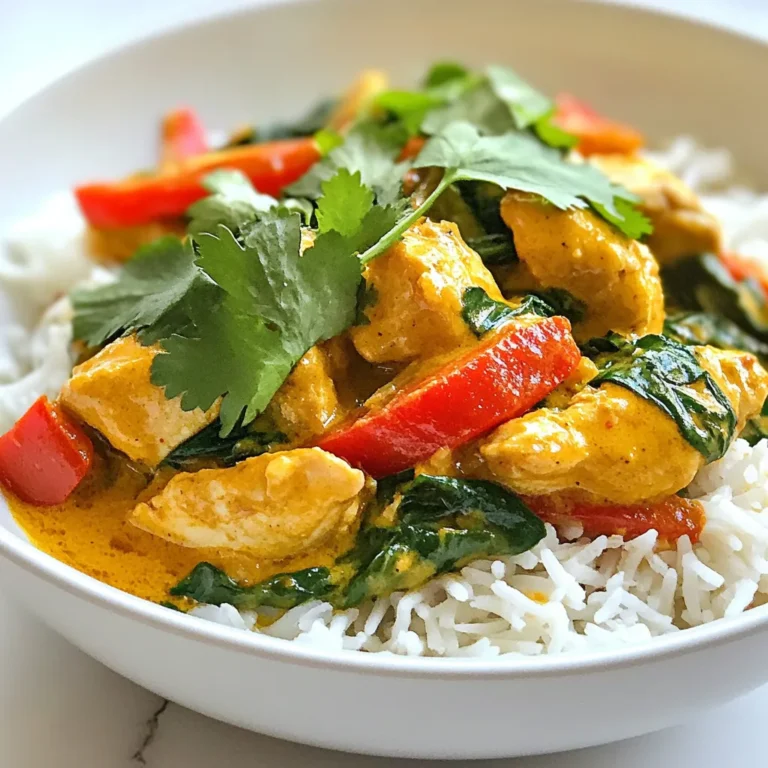 Für ein schmackhaftes Kokosnuss-Hühnchen-Curry brauchst du einige wichtige Zutaten: - 450 g Hühnchenbrust, in mundgerechte Stücke geschnitten - 1 Dose (400 ml) Kokosmilch - 2 Esslöffel rote Currypaste - 1 mittelgroße Zwiebel, fein gehackt - 2 Knoblauchzehen, fein gehackt - 2 cm frischer Ingwer, gerieben - 1 rote Paprika, in Streifen geschnitten - 1 Tasse frische Spinatblätter - 2 Esslöffel Pflanzenöl - 1 Esslöffel Fischsauce (oder Sojasauce für eine vegetarische Variante) - 1 Esslöffel brauner Zucker - Frischer Koriander zum Garnieren - Salz und Pfeffer nach Geschmack - Gekochter Jasminreis, zum Servieren Diese Zutaten sorgen für eine harmonische Mischung aus Geschmack und Textur. Die Gewürze und Aromen machen das Curry besonders. Die rote Currypaste bringt einen tollen Geschmack. Sie ist die Basis für das Aroma des Gerichts. Frischer Ingwer und Knoblauch geben zusätzlich einen intensiven Duft. Du wirst den Geruch lieben, wenn du die Zwiebel anbrätst. Der braune Zucker rundet die Schärfe ab und bringt eine süße Note ins Spiel. Die Fischsauce fügt Umami hinzu. Wenn du eine vegetarische Version machst, nutze Sojasauce. Diese Mischung macht dein Curry lebendig und lecker. Das Kokosnuss-Hühnchen-Curry schmeckt am besten mit Beilagen. Gekochter Jasminreis ist die beste Wahl. Er nimmt die Sauce gut auf und macht das Gericht schön sättigend. Du kannst auch Naan-Brot servieren. Es ist perfekt, um die köstliche Sauce aufzutunken. Frischer Koriander als Garnitur macht das Gericht noch appetitlicher. Für einen spritzigen Kick füge Limettenspalten hinzu. Sie bringen Frische und Balance ins Curry. {{ingredient_image_2}} Bevor du mit dem Kochen beginnst, stelle alle Zutaten bereit. Du brauchst: - 450 g Hühnchenbrust, in Stücke geschnitten - 1 Dose (400 ml) Kokosmilch - 2 Esslöffel rote Currypaste - 1 mittelgroße Zwiebel, fein gehackt - 2 Knoblauchzehen, fein gehackt - 2 cm frischen Ingwer, gerieben - 1 rote Paprika, in Streifen geschnitten - 1 Tasse frische Spinatblätter - 2 Esslöffel Pflanzenöl - 1 Esslöffel Fischsauce oder Sojasauce - 1 Esslöffel braunen Zucker - Salz und Pfeffer nach Geschmack - Gekochten Jasminreis, zum Servieren Sobald du alles hast, kannst du loslegen. Erhitze das Pflanzenöl in einer großen Pfanne oder einem Wok bei mittlerer Hitze. Füge die gehackte Zwiebel hinzu und brate sie für 3-4 Minuten an. Sie sollte glasig aussehen. Jetzt kommen der Knoblauch und der Ingwer dazu. Lass sie 1-2 Minuten garen, bis sie gut riechen. Erhöhe die Hitze auf mittelhoch und füge die Hühnchenstücke hinzu. Brate das Hühnchen an, bis es goldbraun ist. Das dauert etwa 5-7 Minuten. Jetzt rührst du die rote Currypaste ein. Mische alles gut, damit das Hühnchen gleichmäßig bedeckt ist. Lass die Gewürze für 2 Minuten anbraten. Gieße die Kokosmilch dazu und bringe die Mischung zum sanften Köcheln. Jetzt fügst du die rote Paprika, den braunen Zucker und die Fischsauce hinzu. Rühre alles gut um und lasse es 10 Minuten köcheln. Das Hühnchen sollte jetzt gar und zart sein. In den letzten Minuten fügst du die Spinatblätter hinzu, bis sie verwelkt sind. Schmecke das Curry ab und würze es nach Bedarf mit Salz und Pfeffer. Nehme das Curry vom Herd und lasse es ein paar Minuten ruhen. Serviere das Kokosnuss-Hühnchen-Curry über Jasminreis. Garniere es mit frischem Koriander für mehr Farbe. Du kannst auch Limettenspalten dazugeben. Sie geben einen spritzigen Kick. Jetzt hast du ein schnelles und leckeres Gericht. Guten Appetit! Um Kokosnuss-Hühnchen-Curry perfekt zuzubereiten, sind einige Techniken wichtig. Zuerst braten Sie die Zwiebeln richtig an. Das macht sie süß und aromatisch. Achten Sie darauf, das Hühnchen goldbraun zu braten, bevor Sie die Currypaste hinzufügen. So bleibt das Fleisch saftig. Das Köcheln mit Kokosmilch ist entscheidend. Es sorgt für einen reichhaltigen Geschmack. Fügen Sie die Spinatblätter erst am Ende hinzu, damit sie frisch bleiben. Ein häufiger Fehler ist, die Currypaste zu früh hinzuzufügen. Das kann den Geschmack schwächen. Auch das Überkochen des Hühnchens macht es trocken. Achten Sie darauf, dass das Curry nicht zu stark kocht. Zu viel Salz kann den feinen Geschmack überdecken. Probieren Sie das Curry während des Kochens, um sicherzustellen, dass der Geschmack stimmt. Verwenden Sie frische Zutaten, um das Gericht lebendig zu machen. Ein großer Wok oder eine tiefe Pfanne ist perfekt für dieses Curry. Diese Geräte verteilen die Hitze gleichmäßig. Ein Schneidebrett und ein scharfes Messer sind wichtig, um die Zutaten vorzubereiten. Ein Messbecher hilft Ihnen, die Kokosmilch genau abzumessen. Ein Holzlöffel ist nützlich, um das Curry gut umzurühren. Damit vermeiden Sie, dass das Gericht am Boden anhaftet. Pro Tipps Hühnchen marinieren: Marinieren Sie das Hühnchen für mindestens 30 Minuten in einer Mischung aus Fischsauce und Limettensaft, um den Geschmack zu intensivieren. Würze anpassen: Fügen Sie je nach Geschmack mehr rote Currypaste hinzu, um das Gericht schärfer zu machen. Gemüsevariationen: Experimentieren Sie mit verschiedenen Gemüsesorten wie Brokkoli oder Zucchini für zusätzliche Nährstoffe und Farben. Serviertipps: Servieren Sie das Curry mit frischen Limettenspalten und einem Spritzer Kokosmilch für eine cremigere Textur. {{image_4}} Für eine vegetarische Variante passt Tofu gut. Schneide ihn in Würfel und brate ihn an. Du kannst auch Kichererbsen verwenden, um dem Gericht mehr Protein zu geben. Diese Zutaten nehmen die Aromen der Currypaste gut auf. Für eine vegane Option ersetze die Fischsauce mit Sojasauce. So bleibt der Geschmack intensiv und lecker. Die Gewürze können stark variieren. Probiere gelbe oder grüne Currypaste. Sie bringen unterschiedliche Geschmäcker ins Gericht. Du kannst auch frische Kräuter wie Basilikum oder Minze hinzufügen. Diese geben dem Curry einen frischen Touch. Auch das Hinzufügen von Zimt oder Kardamom kann das Aroma vertiefen. Experimentiere mit Gewürzen, um deine eigene Note zu finden. Saisonale Zutaten machen das Curry noch besser. Im Frühling sind Spargel oder Erbsen toll. Im Sommer passen Zucchini oder Aubergine gut. Im Herbst bringe Kürbis für eine süßere Note hinein. Im Winter sind Karotten oder Süßkartoffeln eine gute Wahl. Frisches Gemüse sorgt für mehr Nährstoffe und Farbe. Füge es einfach während des Kochens hinzu, um das Gericht zu bereichern. Um Kokosnuss-Hühnchen-Curry richtig zu lagern, lassen Sie es zuerst abkühlen. Füllen Sie das Curry in einen luftdichten Behälter. Sie können es im Kühlschrank oder im Gefrierfach aufbewahren. Wenn Sie es einfrieren, verwenden Sie einen Behälter, der für die Tiefkühlung geeignet ist. So bleibt der Geschmack frisch. Achten Sie darauf, das Curry möglichst flach einzufrieren. Das hilft beim schnellen Auftauen. Im Kühlschrank hält sich Kokosnuss-Hühnchen-Curry etwa 3 bis 4 Tage. Stellen Sie sicher, dass der Behälter gut verschlossen ist. Wenn Sie nach ein paar Tagen Zweifel haben, schnüffeln Sie daran. Wenn es seltsam riecht, werfen Sie es weg. Ihre Gesundheit ist wichtig. Um das Curry wieder aufzuwärmen, nehmen Sie die gewünschte Menge aus dem Kühlschrank. Geben Sie es in einen Topf oder eine Mikrowelle. Bei niedriger Hitze auf dem Herd erhitzen Sie es langsam. Achten Sie darauf, es gut umzurühren. In der Mikrowelle erhitzen Sie es in kurzen Intervallen von 1 Minute. Prüfen Sie zwischendurch, ob es heiß genug ist. So vermeiden Sie ein Überkochen oder Anbrennen. Die Zubereitung von Kokosnuss-Hühnchen-Curry dauert insgesamt etwa 30 Minuten. - 10 Minuten für die Vorbereitung der Zutaten. - 20 Minuten Kochzeit in der Pfanne. In dieser kurzen Zeit kannst du ein köstliches und sättigendes Gericht zaubern. Ja, du kannst andere Proteine verwenden. - Tofu ist eine gute Option für Vegetarier. - Garnelen passen ebenfalls gut zu diesem Curry. - Auch Rind- oder Schweinefleisch können genutzt werden. Die Kochzeit kann sich je nach Proteinart ändern. Das Gericht hat eine milde Schärfe. - Du kannst die Menge der roten Currypaste anpassen. - Für weniger Schärfe nimm einfach weniger Paste. - Du kannst auch milde Currypasten wählen. Das Curry bleibt lecker, selbst wenn es nicht scharf ist. Dieses Kokosnuss-Hühnchen-Curry ist einfach und lecker. Wir haben die Hauptzutaten, Gewürze und passende Beilagen besprochen. Die Schritt-für-Schritt-Anleitung hilft dir beim Kochen. Die Tipps und Tricks zeigen dir wichtige Techniken sowie häufige Fehler. Du kannst auch kreative Variationen ausprobieren, wie vegetarische Alternativen. Die Aufbewahrungstipps sorgen dafür, dass dein Curry frisch bleibt. Denke daran, dass du die Garzeit und Schärfe anpassen kannst. Genieß dein Curry und teile die Freude am Kochen!