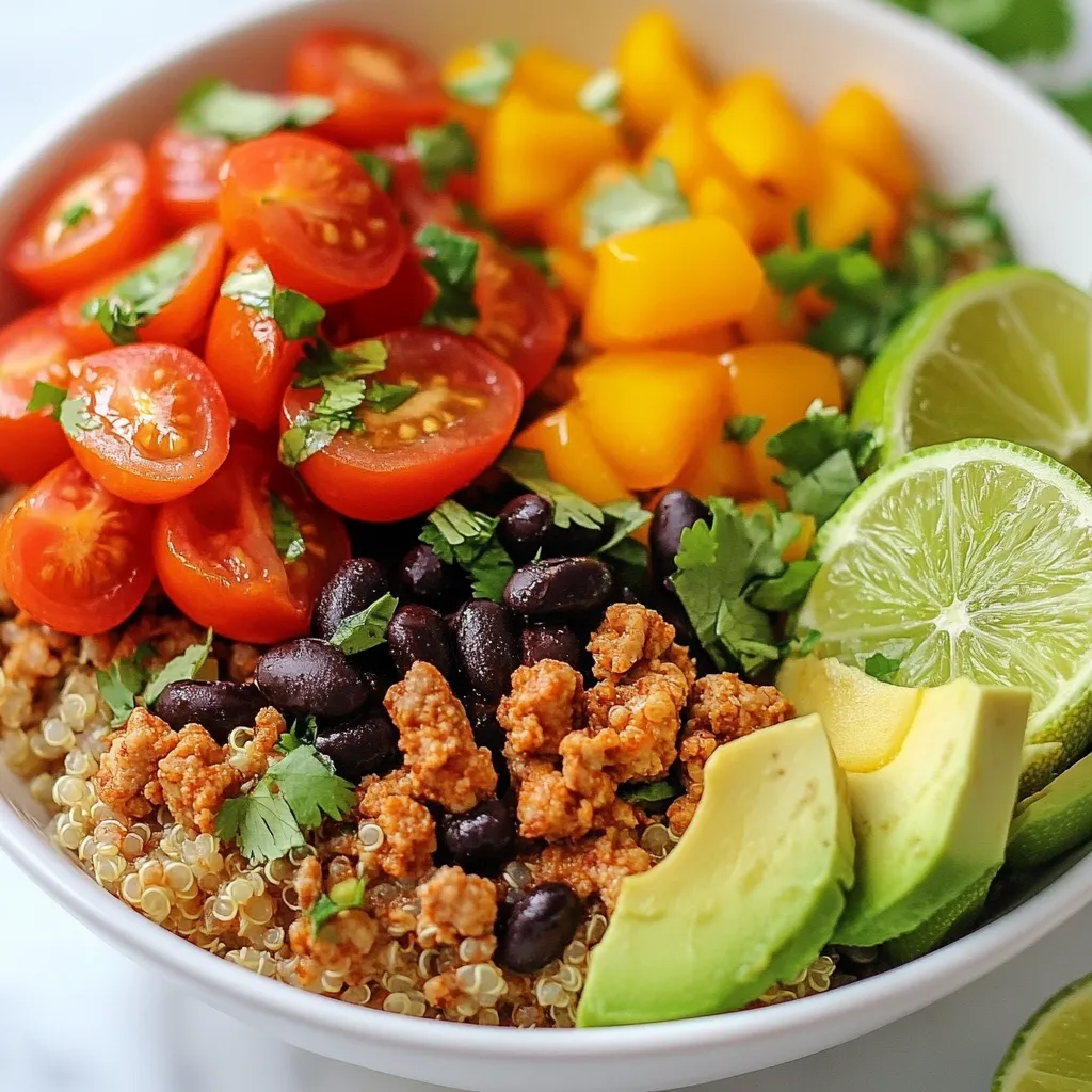 Für die Ground Chicken Power Bowls brauchst du einige frische und leckere Zutaten. Hier ist eine Liste der Hauptzutaten: - 450 g gemahlenes Hähnchenfleisch - 160 g Quinoa - 480 ml Hühnerbrühe (oder Wasser) - 150 g Cherrytomaten, halbiert - 1 große Avocado, gewürfelt - 240 g schwarze Bohnen, abgetropft und gespült - 1 Paprika, gewürfelt (rot oder gelb) Diese Zutaten bilden die Basis für eine nahrhafte Bowl. Quinoa liefert viele Nährstoffe und ist glutenfrei. Das Hähnchenfleisch ist mager und voll von Protein. Die richtige Würze macht das Gericht besonders. Hier sind die Gewürze und Öle, die du benötigst: - 1 Teelöffel Kreuzkümmel - 1 Teelöffel geräuchertes Paprikapulver - 1 Esslöffel Olivenöl - Salz und Pfeffer nach Geschmack Kreuzkümmel gibt einen warmen, erdigen Geschmack. Geräuchertes Paprikapulver bringt eine tolle Tiefe. Das Olivenöl sorgt für eine schöne Textur und Geschmack. Ein paar zusätzliche Zutaten machen die Power Bowls noch besser. Hier sind sie: - Frischer Koriander zur Garnitur - Limettenspalten zum Servieren Koriander bringt Frische und Farbe in die Bowls. Limettensaft gibt einen spritzigen Kick, der alles aufpeppt. Damit sind deine Power Bowls nicht nur lecker, sondern auch ein echter Hingucker! {{ingredient_image_2}} Zuerst spülen Sie die Quinoa. Das hilft, Bitterstoffe zu entfernen. Nehmen Sie einen mittleren Kochtopf und fügen Sie die Quinoa und die Hühnerbrühe hinzu. Bringen Sie die Mischung zum Kochen. Reduzieren Sie dann die Hitze und decken Sie den Topf ab. Lassen Sie die Quinoa 15 bis 20 Minuten köcheln. Sie ist fertig, wenn sie fluffig und die Flüssigkeit aufgesogen ist. Nehmen Sie den Topf vom Herd und lassen Sie ihn 5 Minuten ruhen. Lockern Sie die Quinoa mit einer Gabel auf. Während die Quinoa kocht, erhitzen Sie das Olivenöl in einer großen Pfanne. Stellen Sie die Hitze auf mittel. Geben Sie das gemahlene Hähnchenfleisch in die Pfanne. Kochen Sie es etwa 5 bis 7 Minuten lang. Rühren Sie das Fleisch mit einem Spatel um, damit es gleichmäßig gart. Das Hähnchen ist fertig, wenn es nicht mehr rosa ist. Würzen Sie das Fleisch nun mit Kreuzkümmel, geräuchertem Paprikapulver, Salz und Pfeffer. Lassen Sie es weitere 2 bis 3 Minuten garen, damit die Gewürze gut einziehen. Jetzt ist es Zeit, Ihre Power Bowl zu erstellen. Nehmen Sie eine große Schüssel oder einen Teller. Beginnen Sie mit einer Portion Quinoa als Basis. Darauf kommen die anderen Zutaten. Fügen Sie das gekochte Hähnchenfleisch hinzu. Dann kommen die halbierten Cherrytomaten, die gewürfelte Avocado, die schwarzen Bohnen und die gewürfelte Paprika. Garnieren Sie die Bowl mit frischem Koriander. Servieren Sie sie mit Limettenspalten, die über das Gericht gepresst werden können. Um die perfekte Quinoa zu kochen, spülen Sie sie zuerst gründlich unter kaltem Wasser. Dies entfernt bittere Stoffe. Kochen Sie die Quinoa mit Hühnerbrühe oder Wasser. Lassen Sie sie bei geringer Hitze 15 bis 20 Minuten köcheln. Nach dem Kochen lassen Sie sie noch fünf Minuten ruhen. Lockern Sie sie dann mit einer Gabel auf. Diese Schritte machen die Quinoa fluffig und lecker. Das Würzen des Hähnchenfleischs ist entscheidend für den Geschmack. Verwenden Sie Kreuzkümmel und geräuchertes Paprikapulver. Diese Gewürze geben dem Fleisch eine tolle Tiefe. Salzen und pfeffern Sie das Hähnchen nach Ihrem Geschmack. Kochen Sie die Gewürze mit dem Fleisch für 2 bis 3 Minuten. So entfalten sich die Aromen richtig. Probieren Sie es aus, um den besten Geschmack zu erzielen. Die Präsentation macht viel aus. Servieren Sie die Power Bowls in bunten, tiefen Tellern. So kommen die lebendigen Zutaten gut zur Geltung. Fügen Sie Limettenspalten an die Seite der Bowl. Das gibt einen frischen Look. Eine Prise frischer Koriander obendrauf sorgt für einen tollen Kontrast. Diese kleinen Details machen Ihre Bowls noch einladender. Pro Tipps Quinoa richtig spülen: Achten Sie darauf, die Quinoa gründlich unter kaltem Wasser zu spülen, um Bitterstoffe zu entfernen und einen besseren Geschmack zu erzielen. Hähnchen gleichmäßig garen: Zerteilen Sie das Hähnchenfleisch während des Kochens mit einem Spatel, um sicherzustellen, dass es gleichmäßig gart und keine rohen Stellen bleiben. Frische Zutaten verwenden: Verwenden Sie frische und reife Zutaten, besonders bei Avocado und Tomaten, um den besten Geschmack und die beste Textur in Ihrer Power Bowl zu erzielen. Optionale Toppings: Experimentieren Sie mit zusätzlichen Toppings wie Feta-Käse, Jalapeños oder Salsa, um Ihrer Power Bowl eine persönliche Note zu verleihen. {{image_4}} Um eine vegetarische Version der Ground Chicken Power Bowls zu machen, können Sie Tofu oder Tempeh nutzen. Beide sind proteinreich und passen gut zu den anderen Zutaten. Schneiden Sie den Tofu in Würfel und braten Sie ihn in der Pfanne an. Fügen Sie die gleichen Gewürze hinzu, um den Geschmack zu verstärken. Sie können auch Kichererbsen verwenden. Diese sind ebenfalls nahrhaft und verleihen der Bowl eine schöne Textur. Die meisten Zutaten in diesen Power Bowls sind bereits glutenfrei. Achten Sie jedoch darauf, dass Sie glutenfreies Olivenöl und Gewürze verwenden. Quinoa ist eine tolle Wahl, da sie von Natur aus glutenfrei ist. Wenn Sie weitere Abwechslung wünschen, probieren Sie braunen Reis oder Hirse. Diese sind auch glutenfrei und reich an Nährstoffen. Zusätzliche Toppings machen Ihre Power Bowl noch spannender. Hier sind einige Ideen: - Gehackte Nüsse für Crunch - Frische Salsa für mehr Geschmack - Joghurt oder Guacamole für Cremigkeit - Mais für einen süßen Touch - Spinat oder Rucola für mehr Grün Diese Optionen bieten Vielfalt und machen jede Bowl einzigartig. Experimentieren Sie mit verschiedenen Kombinationen, um Ihre perfekte Power Bowl zu finden! Um die frischen Zutaten für deine Ground Chicken Power Bowls gut aufzubewahren, befolge diese Tipps: - Lagere das gemahlene Hähnchen in einem luftdichten Behälter im Kühlschrank. - Quinoa sollte trocken und kühl gelagert werden, ideal in einem Glasbehälter. - Cherrytomaten, Avocados und Paprika bleiben am besten bei Raumtemperatur, bis du sie verwendest. - Schwarze Bohnen kannst du in einem geschlossenen Behälter im Kühlschrank aufbewahren, nachdem du sie geöffnet hast. Die Haltbarkeit der Zutaten variiert: - Gemahlenes Hähnchen: 1-2 Tage im Kühlschrank. - Quinoa: Gekocht hält sie 3-5 Tage im Kühlschrank. - Cherrytomaten und Paprika: 3-7 Tage, je nach Reife. - Avocado: 1-2 Tage, nachdem sie geschnitten wurde. - Schwarze Bohnen: 3-5 Tage nach dem Öffnen. Prüfe immer die Frische, bevor du die Zutaten verwendest. Das Einfrieren ist eine großartige Möglichkeit, um Reste zu lagern: - Gemahlenes Hähnchen: Kann bis zu 3 Monate eingefroren werden. - Gekochte Quinoa: Lässt sich gut einfrieren und hält 2-3 Monate. - Schwarze Bohnen: Auch sie können bis zu 3 Monate eingefroren werden. Verpacke die Zutaten in luftdichte Behälter oder Gefrierbeutel. Beschrifte sie mit Datum, um die Nutzung zu planen. Du kannst die Power Bowls ganz nach deinem Geschmack gestalten. Hier sind einige Ideen: - Gemüse: Füge dein Lieblingsgemüse hinzu, wie Zucchini oder Spinat. - Kohlenhydrate: Ersetze Quinoa durch Reis oder Couscous. - Proteine: Nutze anstelle von Hähnchen Tofu oder Linsen für eine vegetarische Option. - Soßen: Probiere verschiedene Dressings wie Joghurt-Dressing oder scharfe Salsa. Experimentiere mit verschiedenen Zutaten, um die Bowls spannend zu halten. Ja, du kannst gefrorenes Hähnchen verwenden. Achte jedoch darauf, dass es vollständig aufgetaut ist, bevor du es kochst. So wird das Fleisch gleichmäßig gar. Du kannst das Hähnchen über Nacht im Kühlschrank auftauen. Wenn du es schneller brauchst, lege das gefrorene Hähnchen in kaltes Wasser. Zu den Power Bowls passen viele Beilagen. Hier sind einige Vorschläge: - Salate: Ein frischer grüner Salat ergänzt die Bowl gut. - Brot: Serviere knuspriges Brot oder Tortillas dazu. - Dips: Guacamole oder Salsa sind großartige Ergänzungen. - Nüsse: Geröstete Nüsse oder Samen bringen einen tollen Crunch. Diese Beilagen machen dein Essen noch abwechslungsreicher und leckerer. Power Bowls bieten eine einfache und gesunde Mahlzeit. Wir haben Zutaten, Zubereitung, Tipps und Variationen behandelt. Quinoa sorgt für die Basis, während gewürztes Hähnchen Geschmack bringt. Vegetarische und glutenfreie Optionen sind leicht umzusetzen. Mit den richtigen Aufbewahrungsmethoden bleibt alles frisch. Experimentiere mit Toppings und passe die Bowls an deine Vorlieben an. So kannst du jede Mahlzeit genießen.