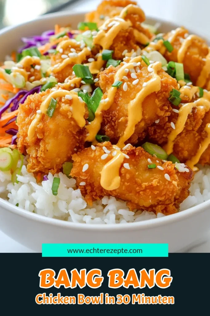 Entdecken Sie unser köstliches Bang Bang Chicken Rezept und genießen Sie knuspriges Hähnchen in einer asiatischen Bowl! Dieses schnelle Hähnchengericht kombiniert zarten, panierten Hähnchenbrust mit einer würzigen Bang Bang Sauce. Perfekt für ein schnelles Abendessen oder Meal Prep. Probieren Sie dieses einfache Rezept aus und bringen Sie Abwechslung in Ihre Küche! Speichern Sie es für später! #BangBangChickenRezept #AsiatischeBowlRezepte #SchnelleHähnchengerichte #BangBangSauceRezept
