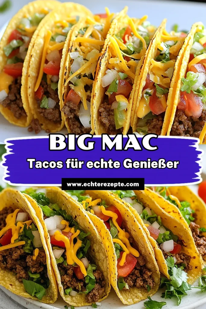 Entdecke unser köstliches Taco Rezept für Big Mac Tacos! Diese schnellen Tacos mit saftigem Rinderhackfleisch und einer hausgemachten Taco Sauce sind der perfekte Genuss für jede Gelegenheit. Innerhalb von 30 Minuten kannst du acht leckere Big Mac Tacos zubereiten, die deine Familie begeistern werden. Probiere es aus und bringe frischen Wind in dein Abendessen! Jetzt speichern und nachkochen! #BigMacTacos #TacoRezept #RinderhackfleischTacos #schnelleTacos