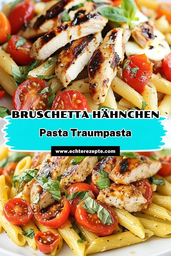 Entdecke das Rezept für Bruschetta Hähnchen Pasta, ein einfaches und schnelles Gericht, das perfekt für jede Woche ist. Diese Kirschtomaten Pasta kombiniert zartes Hähnchen und frisches Basilikum für ein köstliches italienisches Erlebnis. Ideal für Liebhaber von italienischen Hähnchen Rezepten! Probiere es aus und genieße eine leckere Pasta mit Basilikum. Speichere das Rezept für köstliche Abendessen. #BruschettaHähnchenPasta #einfachePastaRezepte #KirschtomatenPasta #italienischeHähnchenRezepte