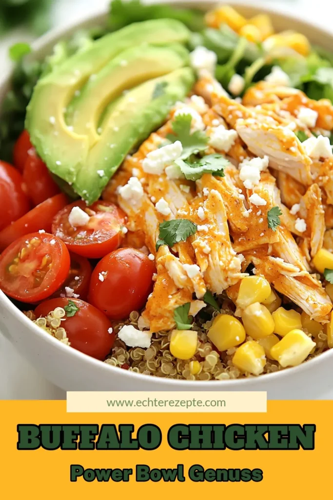 Entdecken Sie dieses leckere Buffalo Chicken Power Bowl Rezept! Mit gesundem Quinoa als Grundlage und zartem Hähnchenbrust in Buffalo-Sauce bringt diese Power Bowl Geschmack und Nährstoffe auf Ihren Tisch. Ideal für gesunde Mahlzeiten mit Quinoa und einfach zuzubereiten! Probieren Sie es aus und lassen Sie sich inspirieren! Speichern Sie dieses Rezept und teilen Sie es mit Freunden! #BuffaloChickenPowerBowl #QuinoaRezeptGesund #PowerBowlRezept #GesundeMahlzeitenMitQuinoa