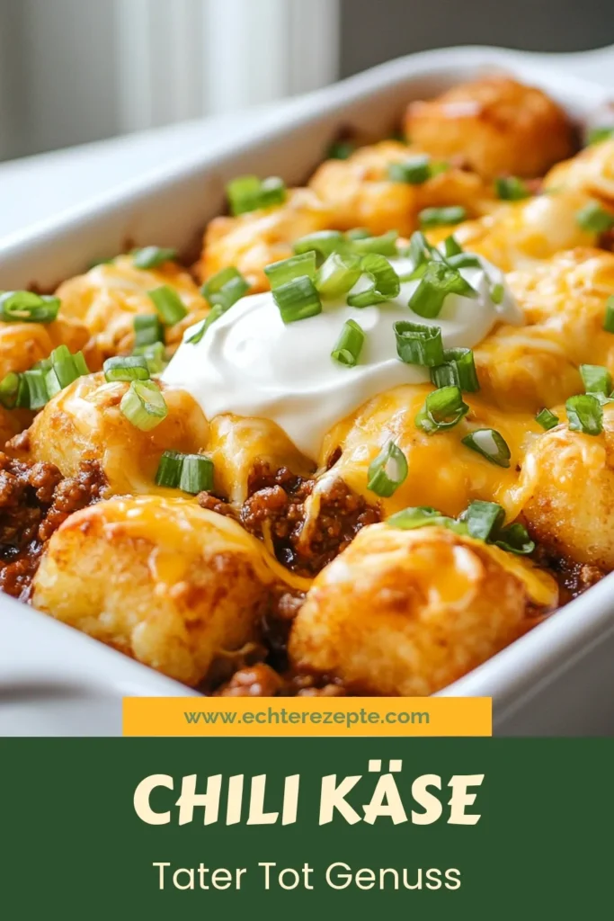 Dieser köstliche Chili Cheese Tater Tot Auflauf ist das perfekte Gericht für jeden Anlass! Mit Tater Tots, einer würzigen Chili-Fleisch-Mischung und geschmolzenem Käse vereint er die besten Aromen zu einem einfachen Chili Rezept. Ideal für ein schnelles Abendessen oder eine Familienfeier. Entdecken Sie das Käse Auflauf Rezept und genießen Sie die einfache Zubereitung mit Rindfleisch. Jetzt ausprobieren und speichern! #ChiliCheese #TaterTots #Auflauf #Rezeptideen