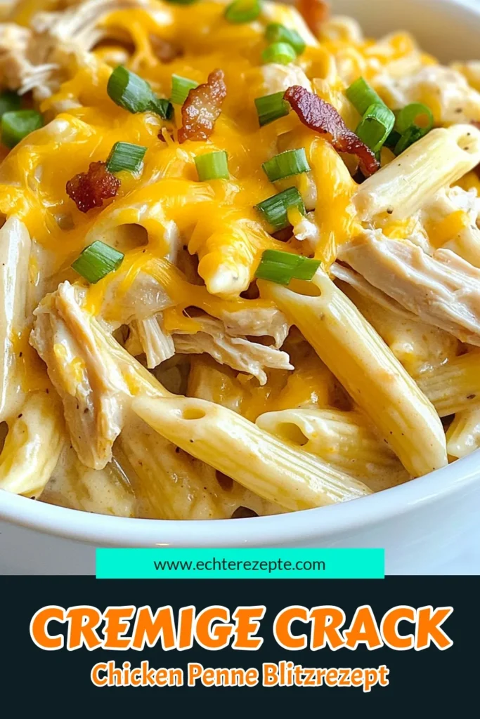 Entdecken Sie unser köstliches Crack Chicken Penne Rezept, das Ihre Familie begeistern wird! Dieses einfache Pasta Gericht vereint saftiges Hähnchen und cremigen Frischkäse in weniger als 30 Minuten. Perfekt für schnelle Familienrezepte, die jeden Magen sättigen! Genießen Sie die cremige Hähnchenrezepte mit Penne und einem Hauch von Käse. Probieren Sie es jetzt aus und speichern Sie es für später! #Pasta #CrackChickenPenne #Geschmackserlebnis #SchnelleRezepte