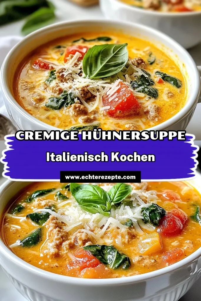 Entdecken Sie dieses cremige Hühnersuppe Rezept für eine köstliche italienische Hühnersuppe, die schnell zubereitet ist! Diese Hühnersuppe mit Spinat ist perfekt für kalte Tage und überzeugt mit dem herzhaften Geschmack von gemahlenem Hähnchen, Tomaten und Sahne. Ein einfaches, gesundes Gericht, das Ihre Familie lieben wird. Probieren Sie es jetzt aus und bringen Sie italienisches Flair in Ihre Küche! #Hühnersuppe #CremigeHühnersuppe #SchnelleHühnersuppe #GemahleneHähnchenrezepte