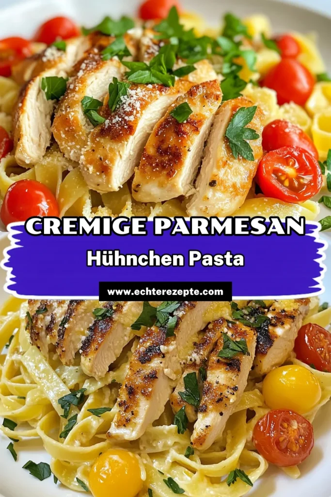 Entdecke dieses köstliche Rezept für Käse Parmesan Hühnchen Pasta! Mit Fettuccine mit Hähnchen und einer cremigen Parmesan Sauce zauberst du ein einfaches, aber leckeres italienisches Pasta Gericht in nur 30 Minuten. Perfekt für schnelle Pasta Gerichte, die die ganze Familie lieben wird! Lass dich inspirieren und speichere das Rezept für deine nächste Mahlzeit! #PastaLover #ItalienischeRezepte #SchnelleGerichte #KäseParmesan