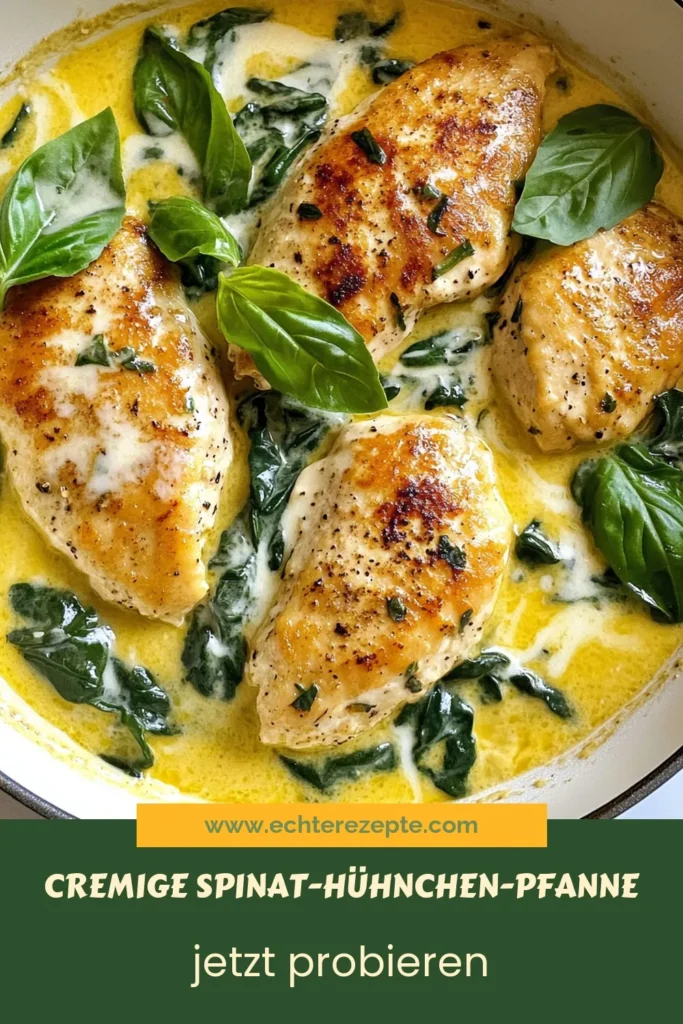Entdecken Sie die köstliche Cremige Spinat-Hühnchen-Pfanne, ein einfaches Rezept für ein schnelles Abendessen! Diese Hähnchenbrustfilets mit Spinat in einer cremigen Sauce sind perfekt für jeden Tag. In nur 30 Minuten zubereitet, ist dieses Gericht eines der besten einfachen Spinatgerichte, das jeder lieben wird. Probieren Sie es aus und teilen Sie Ihr Ergebnis! #CremigeSpinatHühnchenPfanne #HähnchenbrustfiletMitSpinat #SchnelleAbendessenIdeen #CremigeHühnerrezepte