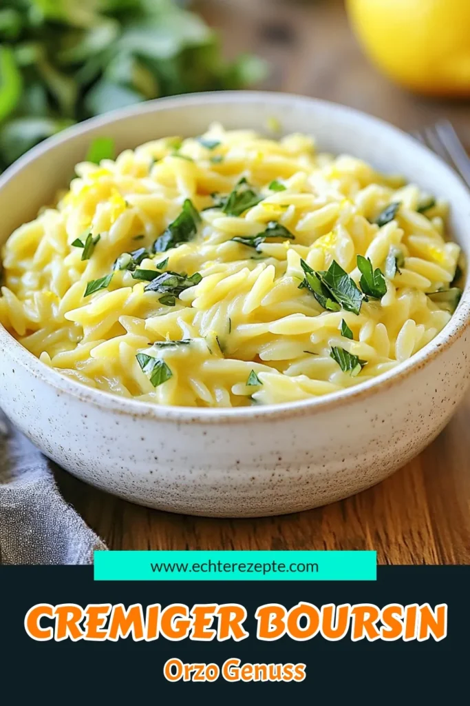 Schlemm dich mit diesem cremigen Orzo Boursin Käse Rezept! Unsere Zitronen Orzo Pasta ist schnell zubereitet und perfekt für ein schnelles, köstliches Abendessen. Mit frischem Spinat und würziger Zitrone wird dieses vegetarische Orzo Rezept zum Genuss für jeden Pasta-Liebhaber. Lass dir dieses einfache Rezept nicht entgehen – speichere es dir jetzt! #cremigerOrzo #BoursinKäseRezept #ZitronenOrzoPasta #schnellzubereitetesPastaGericht