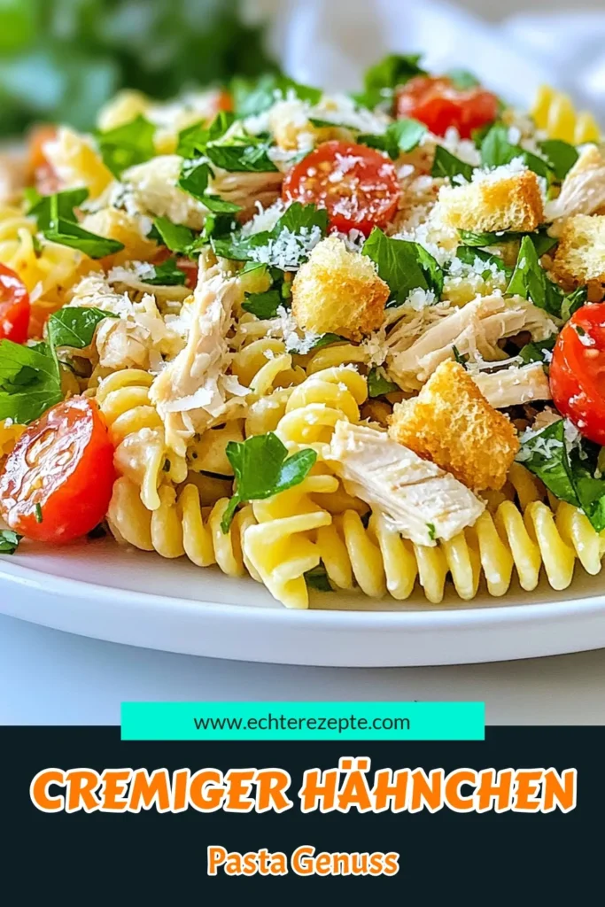Entdecke dieses köstliche Rezept für Cremigen Hähnchen Caesar-Salat! Dieser Rotini-Pasta Salat ist perfekt für schnelle, gesunde Mahlzeiten. Mit frisch zubereitetem Caesar-Dressing, saftigem Hähnchen und knackigem Romaine-Salat wird dieser einfache Pasta-Salat zum Highlight jeder Zusammenkunft. Probiere unser gesunde Hähnchen Rezepte aus und genieße eine Genusspause! Speichere dir das Rezept und teile deine Kreationen! #CaesarSalat #PastaRezept #GesundeRezepte #LeckerEssen