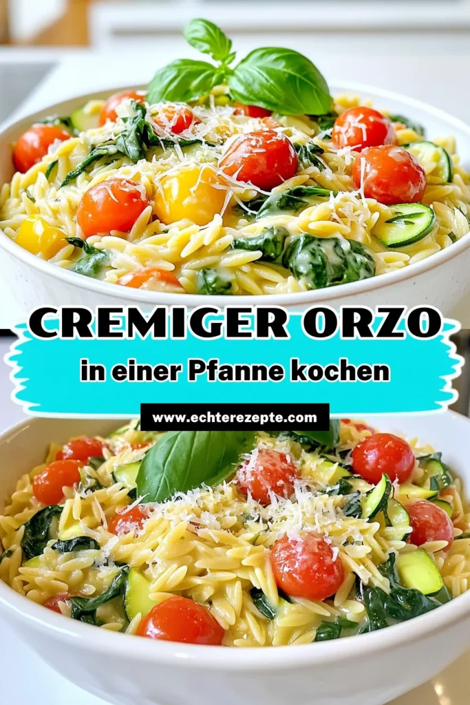 Entdecke das Rezept für einen Ein-Pfannen-Cremigen Orzo, der einfach und köstlich ist! In nur 25 Minuten zauberst du ein cremiges Gericht mit frischen Zutaten wie Kirschtomaten, Zucchini und Spinat. Perfekt für ein schnelles Abendessen! Lass dir diese geschmackvolle Mahlzeit nicht entgehen und klicke jetzt, um das Rezept zu sehen. #CremigerOrzo #EinPfannenGericht #SchnelleRezepte #EssenFürDenAlltag