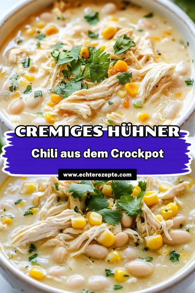 Genießen Sie dieses cremige Hühner-Chili, das im Crockpot zubereitet wird! Dieses Crockpot Chili Rezept vereint zarte Hühnerbrust im Crockpot mit weißen Bohnen Chili und köstlichem Frischkäse für eine herzhafte Mahlzeit. Perfekt für einen geschäftigen Tag – einfach Zutaten hinzufügen, den Crockpot einschalten und nach wenigen Stunden genießen! Probieren Sie dieses schnelle Chili Rezept noch heute aus! #CrockpotChili #CremigesHühnerChili #WeißeBohnenChili #SchnellesChiliRezept
