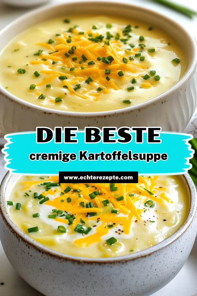 Entdecken Sie die ultimative cremige Kartoffelsuppe! Dieses einfache Kartoffelsuppe Rezept vereint den köstlichen Geschmack von Kartoffeln und scharfen Cheddar. Perfekt für alle, die die beste Kartoffelsuppe lieben oder eine vegetarische Kartoffelsuppe zubereiten möchten. Genießen Sie die cremige Konsistenz und die aromatische Note. Probieren Sie es aus und bringen Sie Wärme auf Ihren Tisch! Jetzt das Rezept speichern! #Kartoffelsuppe #vegetarischeRezepte #Suppe #essenliebe
