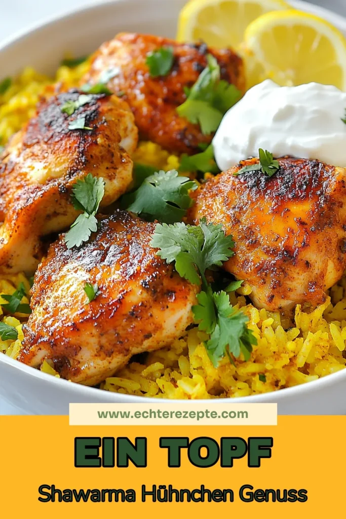 Entdecke unser einfaches Shawarma Hühnchen Rezept! Dieses Ein Topf Reis Gericht kombiniert zartes Basmati Reis mit Hühnchen und aromatischen Gewürzen für ein herzhaftes Familienessen. Perfekt für jeden Anlass, ist dieses Gewürzreis Hühnchen gesund und lecker! Koche es in nur 40 Minuten für 4 Portionen. Lass dich inspirieren und speichere dieses Rezept für dein nächstes Abendessen! #ShawarmaHühnchen #EinTopfReis #BasmatiReis #EinfacheHühnchenRezepte