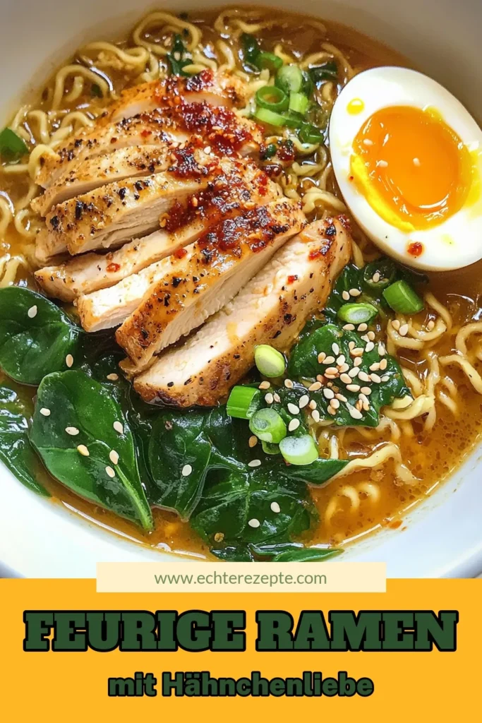 Entdecke dieses köstliche Hähnchen Ramen Rezept mit feuriger Knoblauchsauce! Perfekt für alle, die asiatische Nudelgerichte lieben und eine scharfe Hähnchenbrühe bevorzugen. Mit zarten Hähnchenschenkeln, frischem Spinat und einer Prise Chili wird dieses feurige Ramen zum Hit. Probiere es aus und lass dich von den Aromen verführen! Teile dein Ergebnis mit uns. #HähnchenRamenRezept #FeurigesRamen #KnoblauchsauceRamen #AsiatischeNudelgerichte