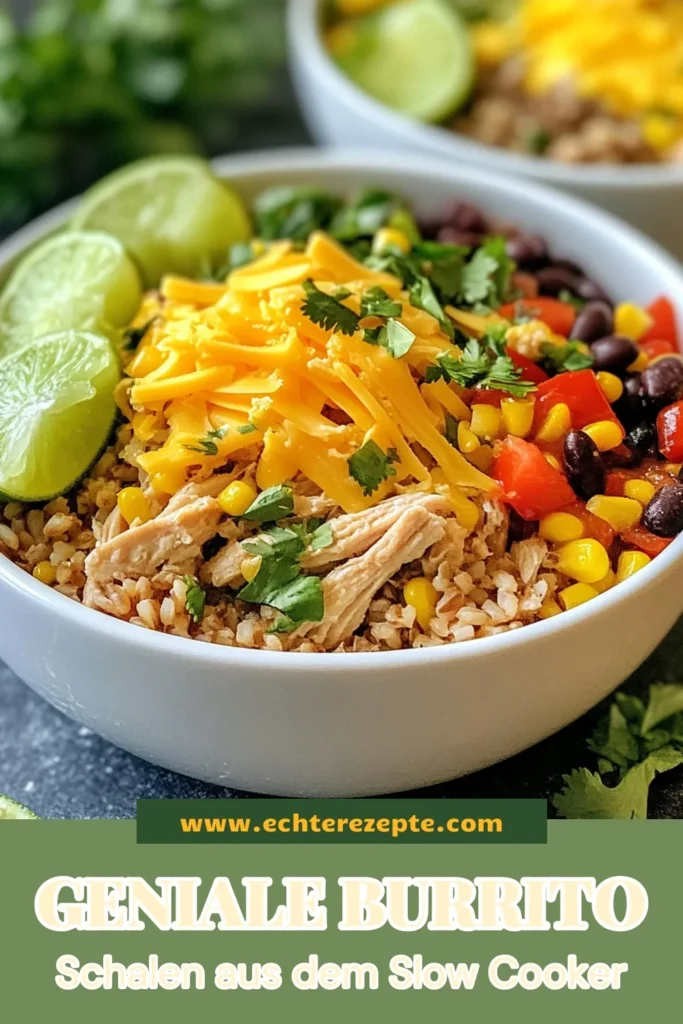 Entdecke das köstliche Rezept für Slow Cooker Hähnchen Burrito Schalen! Dieses herzhafte Rezept Hähnchen ist perfekt für eine gesunde Mahlzeit und kombiniert zarten Hähnchen mit Vollkornreis und frischem Gemüse. Deine einfache Hähnchen Burrito Schalen sind in nur 15 Minuten vorbereitet und können stundenlang köcheln. Probiere es aus und erlebe den Genuss! Speichere dieses Rezept für deine nächste gesunde Slow Cooker Anleitung! #SlowCooker #Hähnchen #BurritoBowl #GesundeRezepte