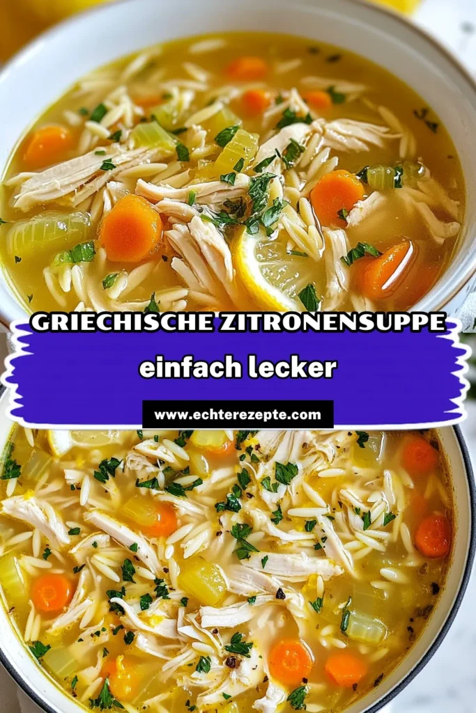 Entdecke die köstliche Griechische Zitronen-Hühnchen-Suppe, ein einfaches und gesundes Hähnchensuppe mit Zitronensaft Rezept! Ideal für jedes Wetter, vereint diese Suppe zarte Hähnchenbrust und Orzo-Nudeln für einen unvergesslichen Geschmack. Probiere jetzt dieses griechische Küche Rezept und verwöhne deine Familie mit diesem nahrhaften Gericht. Lass dir diese warme, herzliche Suppe nicht entgehen! #GriechischeKüche #HühnchenRezept #OrzoNudeln #GesundeErnährung