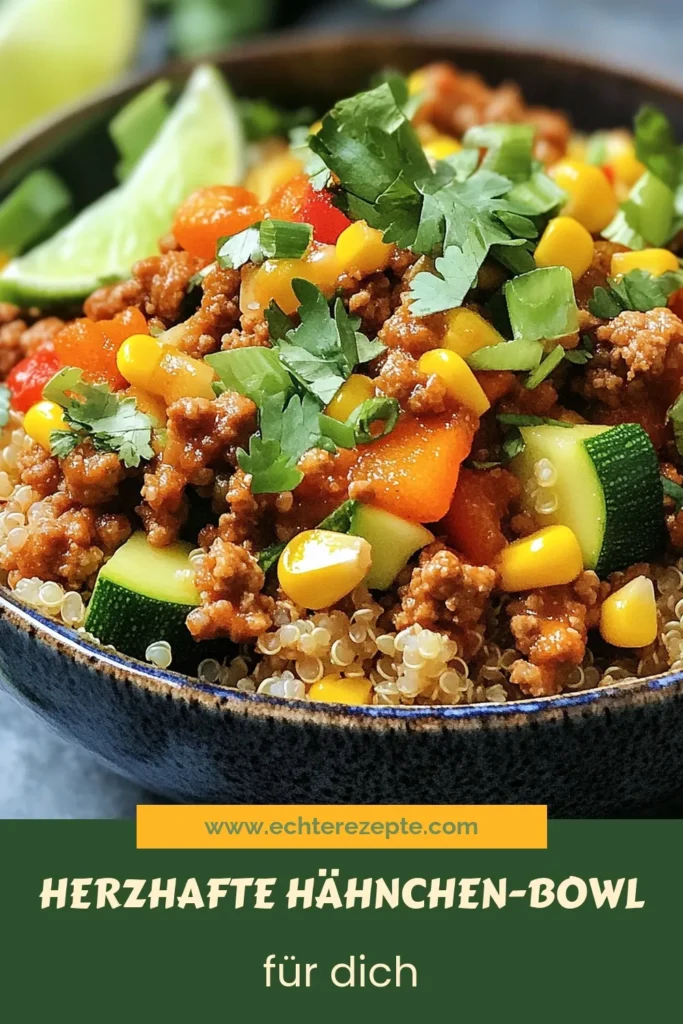 Entdecke dieses köstliche Hähnchen-Bowl Rezept, das deine Mahlzeiten auf ein neues Level hebt! Diese gesunde Quinoa Bowl vereint gemahlenes Hähnchen mit frischem Gemüse für ein herzhaftes Hähnchen Gericht, das schnell zu zubereiten ist. Ideal für alle, die einfache Hähnchen Rezepte lieben! Probiere diese asiatische Hähnchen Bowl aus und lass dich inspirieren. Speichere dir das Rezept für eine gesunde Woche! #HähnchenBowl #QuinoaBowl #GesundeRezepte #EinfacheRezepte