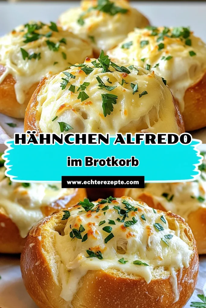 Entdecken Sie unser leckeres Chicken Alfredo Rezept in köstlichen Knoblauchbrot Schalen! Diese cremige Hähnchenpfanne kombiniert zartes, zerrissenes Hähnchen und eine reichhaltige Käsesauce, perfekt serviert in knusprigem Sauerteigbrot. Genießen Sie diese einfache und beeindruckende Mahlzeit – ideal für Gäste oder einen besonderen Abend. Speichern Sie das Rezept und probieren Sie es aus! #ChickenAlfredo #KnoblauchbrotSchalen #HähnchenAlfredo #SauerteigbrotRezept