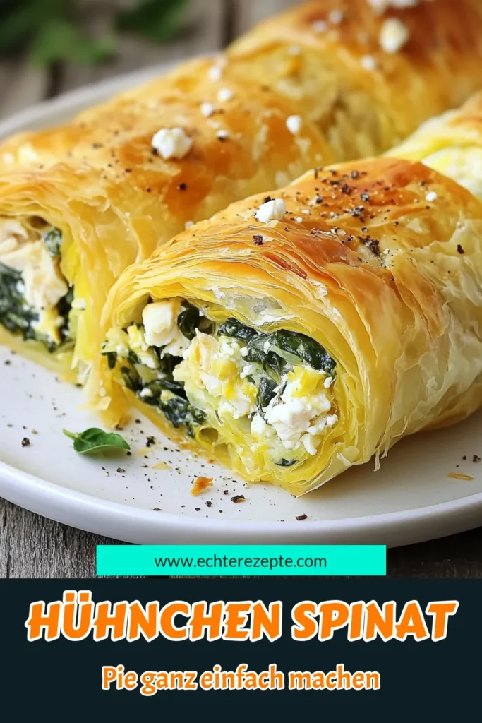 Entdecken Sie unser köstliches Rezept für Hühnchen Spinat Filo Pie, ein harmonisches Zusammenspiel aus zartem Hühnchen, frischem Spinat und würzigen Käsesorten. Dieses Rezept Hühnchen Spinat ist perfekt für gesunde Hühnchen Rezepte und schnell zubereitet. Mit dem knusprigen Filo Teig wird jede Portion zum Genuss. Probieren Sie auch unsere Ricotta Feta Hühnchen Pie für eine besondere Note. Speichern und teilen Sie diese Leckerei! #Hühnchen #FiloTeig #Spinat #gesunderezepte