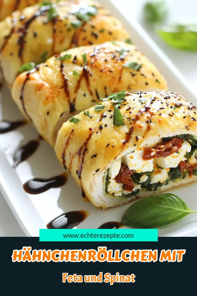 Entdecke dieses köstliche Hähnchen Roll-Ups Rezept mit Feta Spinat Hähnchen und sonnengereiften Tomaten. Diese einfachen Hähnchengerichte sind perfekt für schnelle Abendessen oder besondere Anlässe. Fülle die gefüllte Hähnchenbrust mit erfrischendem Spinat und cremigem Feta für ein einzigartiges Geschmackserlebnis. Probiere dieses leckere Rezept aus und teile deine Kreationen! #HähnchenRollUps #FetaSpinatHähnchen #SonnengetrockneteTomaten #EinfacheHähnchengerichte