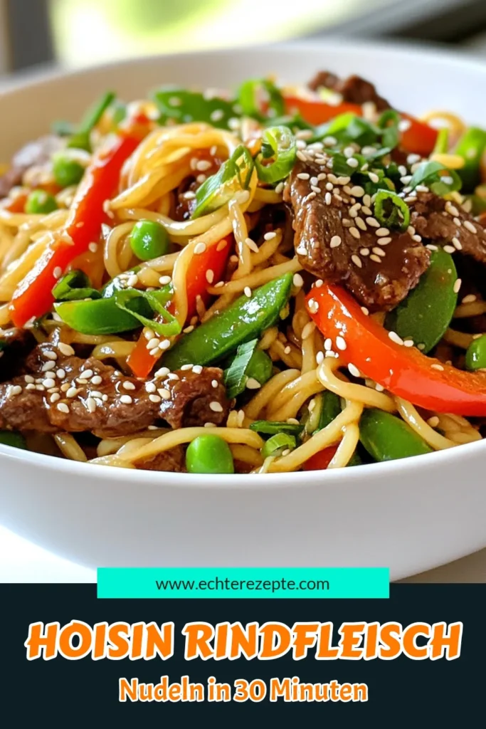 Entdecke dieses köstliche Rezept für Hoisin Rindfleisch Nudeln! In nur 30 Minuten zauberst du ein schnelles Abendessen aus zarten Reisnudeln, perfekt mariniertem Rindfleisch und aromatischem Gemüse. Ideal für Liebhaber der asiatischen Küche. Probiere das einfache Rezept aus und überrasche deine Familie mit geschmackvollen Aromen. Speichere jetzt dieses Rezept für Hoisin Rindfleisch Nudeln! #HoisinRindfleischNudeln #ReisnudelnRezept #schnelleAbendessen #asiatischeKüche