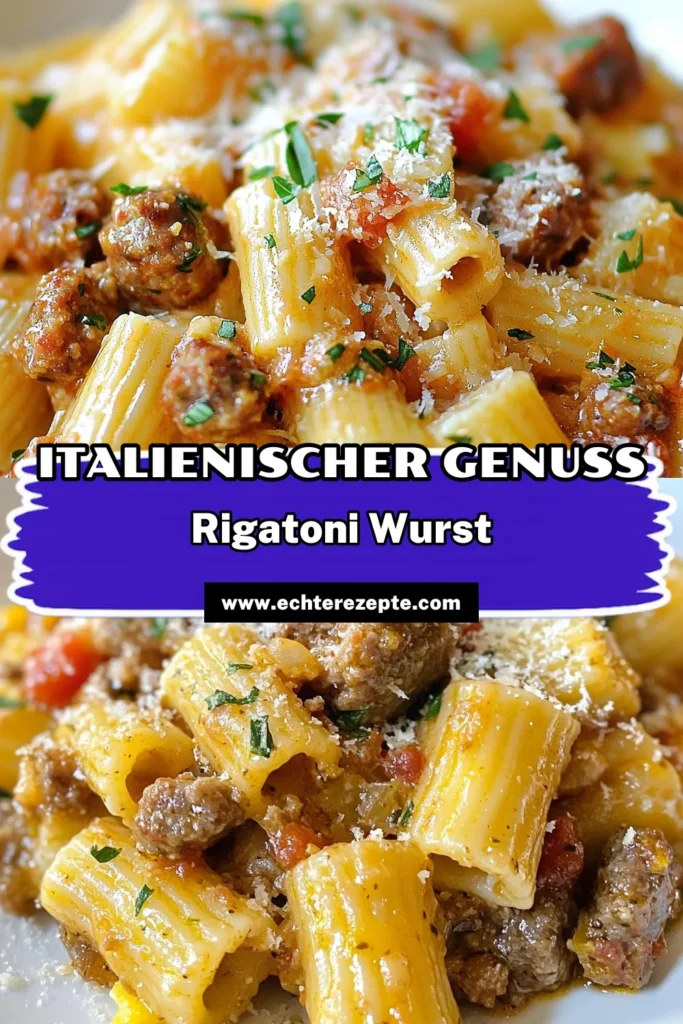 Entdecke dieses köstliche Rezept für Rigatoni mit italienischer Wurst! Diese herzhafte Pasta kombiniert cremige Rigatoni Sauce mit aromatischen Zutaten und ist perfekt für ein schnelles Abendessen. Probiere dieses italienische Wurstgericht, das Sahne und Tomaten vereint. Ideal für Familienessen oder ein besonderes Dinner! Speichere das Rezept und genieße die Aromen Italiens zu Hause! #PastaRezepte #ItalienischeWurstgerichte #CremigeSauce #PastaMitSahne