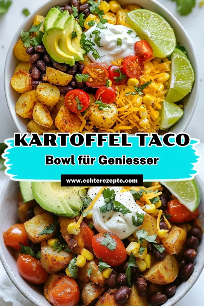 Entdecke das köstliche Rezept für eine laden Kartoffel Taco Schüssel! Diese einfache Taco Bowl kombiniert gesunde Kartoffelgerichte mit schwarzen Bohnen, Mais und frischer Avocado für ein perfektes mexikanisches Geschmackserlebnis. Ideal für vegane Taco Bowl Rezepte! Probiere es aus und serviere es mit Limettenstücken für das besondere Etwas. Lass dir diese gesunde Leckerei nicht entgehen! #TacoBowl #Kartoffelgerichte #VeganeRezepte #MexikanischeKüche