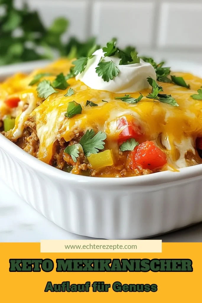 Entdecke dieses köstliche Keto Mexikanischer Auflauf Rezept, das perfekt für alle Liebhaber der mexikanischen Küche ist. Dieser herzhafte Keto Gericht kombiniert zartes Rinderhackfleisch oder Putenhackfleisch mit buntem Gemüse und Blumenkohlreis Auflauf für ein fantastisches Low Carb Rezept. Genieße ihn warm mit Sauerrahm und frischem Koriander. Probiere es jetzt aus und lass dich verwöhnen! #KetoMexikanischerAuflauf #KetoGericht #LowCarbRezept #MexikanischeKüche