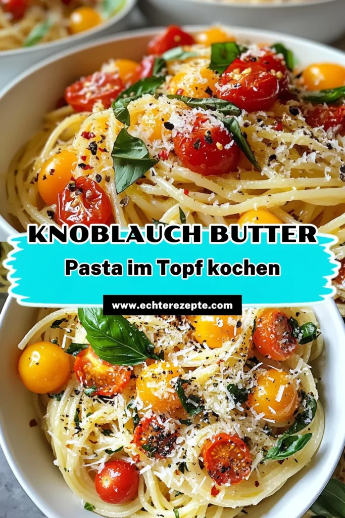 Entdecken Sie das Rezept für Knoblauch Butter Pasta – eine köstliche, einfache Pasta zu Hause! Diese One Pot Pasta ist schnell zubereitet und perfekt für schnelles Abendessen. Genießen Sie Spaghetti mit Knoblauch, Kirschtomaten und frischem Basilikum. Ideal für Liebhaber vegetarischer Pasta Gerichte. Probieren Sie es aus und überzeugen Sie Ihre Familie! Speichern Sie dieses Rezept für Ihre nächste Kochnacht! #KnoblauchButterPasta #einfachePastaRezepte #onepotPasta #vegetarischePastaGerichte