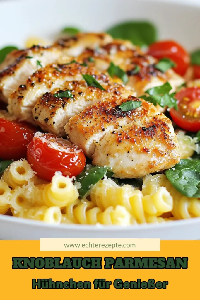 Entdecke unser köstliches Knoblauch Parmesan Hühnchen Rezept mit gedrehter Pasta! Dieses einfache Pasta Gericht kombiniert saftiges Hühnchen mit frischem Spinat und Tomaten zu einem unvergesslichen Geschmackserlebnis. Perfekt für jeden Abend, zaubert dieses italienische Pasta Rezept schnell einen Hauch von Bella Italia in deine Küche. Probiere es jetzt aus und mache deine nächste Mahlzeit zum Hit! #PastaLovers #HühnchenRezept #ItalienischeKüche #KnoblauchParmesan