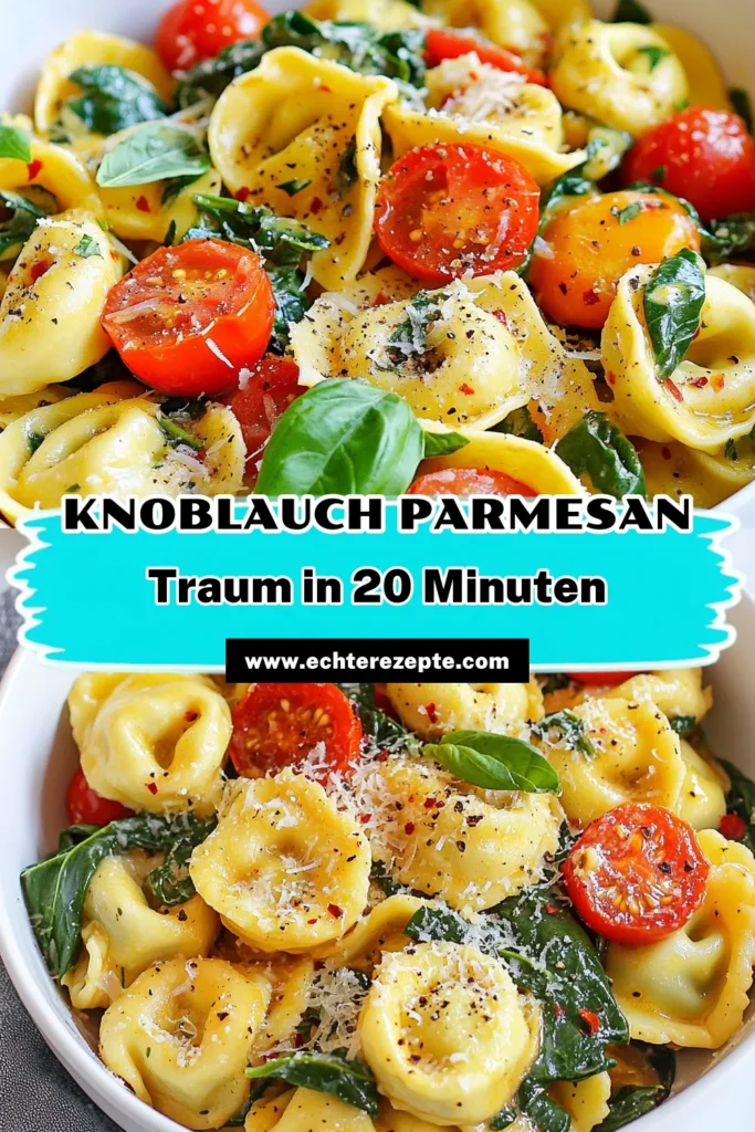 Entdecken Sie dieses köstliche Knoblauch Parmesan Tortellini Pfanne Rezept, das perfekte einfache Tortellini Rezepte für schnelle Abendessen Ideen vereint. Mit frischen Zutaten wie Kirschtomaten und Babyspinat ist dieses vegetarische Pasta Gericht in nur 20 Minuten zubereitet. Ideal für eine gesunde Mahlzeit! Lassen Sie sich von diesem Rezept inspirieren und speichern Sie es für Ihren nächsten Kochabend! #TortelliniPfanne #VegetarischePasta #EinfachesRezept #SchnellesEssen