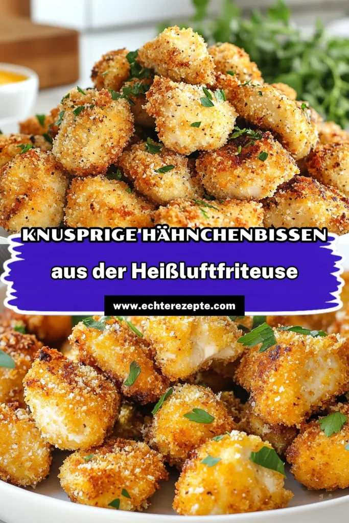 Entdecke die perfekten knusprigen Hähnchenbisse aus der Heißluftfritteuse mit diesem einfachen Rezept. Saftige Hähnchenbrust frittiert und in einer köstlichen Buttermilch-Marinade zubereitet, diese Hähnchenbisse sind ideal als Fingerfood oder Snack. Probiere es aus und genieße diese praktischen Rezepte für Hähnchen! Speichere dieses Rezept für die nächste Kochsession! #Heißluftfritteuse #Hähnchenbrust #knusprigeHähnchenbisse #Kochrezepte