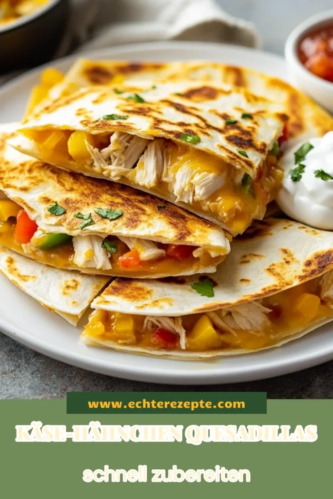 Entdecken Sie unser leckeres Rezept für Käse-Hähnchen-Quesadillas! Diese schnelle und einfache Quesadilla-Rezepte sind perfekt für ein köstliches Tex-Mex-Gericht. Mit zartem Hähnchen und viel Käse sind sie ein ideales schnelles Abendessen. Genießen Sie die harmonische Kombination aus Mozzarella, Cheddar und frischem Gemüse! Speichern Sie das Rezept und bringen Sie Geschmack auf Ihren Tisch! #KäseHähnchenQuesadillas #TexMex #schnelleAbendessen #einfacheQuesadillaRezepte