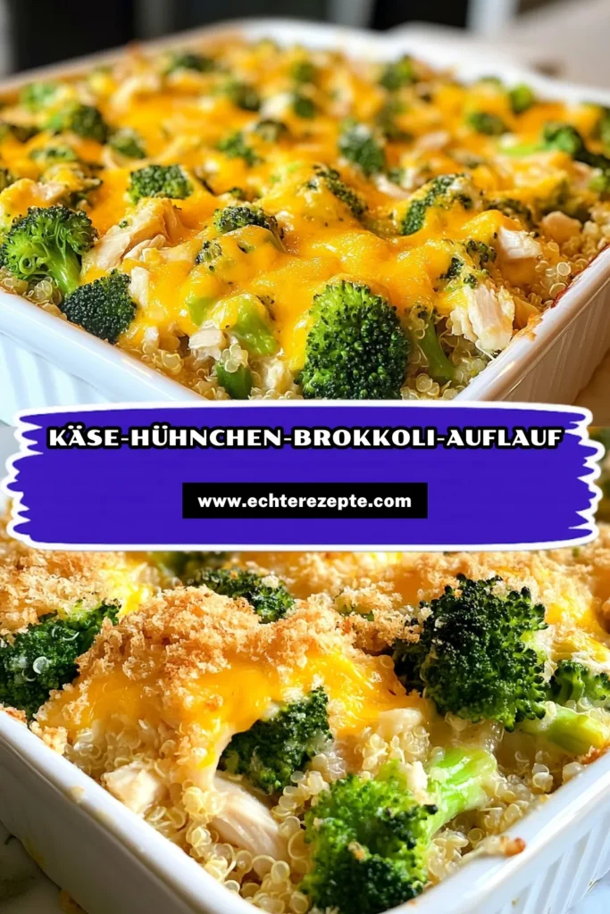 Entdecke unseren Käse-Hühnchen-Auflauf mit Brokkoli – ein einfaches, gesundes Hühnchen-Rezept, das die ganze Familie lieben wird! Mit zartem Hühnchen, nahrhaftem Brokkoli und cremigem Käse wird dieser Quinoa-Hühnchen-Brokkoli Auflauf schnell zum Favoriten. Perfekt für ein schnelles Abendessen! Probiere unser Rezept aus und teile deine Ergebnisse! #KäseHühnchenAuflauf #BrokkoliHühnchenRezept #gesundeHühnchenrezepte #QuinoaHühnchenBrokkoli