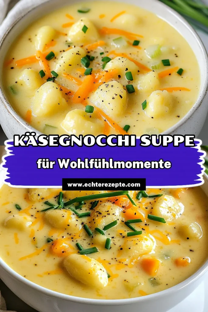 Entdecken Sie die köstliche Cheddar Gnocchi Suppe, die Ihre Sinne verwöhnt! Diese cremige Gnocchi Suppe kombiniert zarte Kartoffelgnocchi mit scharfer Cheddarkäse-Sauce in einer aromatischen Gemüsebrühe. Perfekt für ein schnelles Abendessen, ist dieses einfache Gnocchi Rezept eine wahre Gaumenfreude. Probieren Sie es aus und teilen Sie es! #GnocchiSuppe #CremigeSuppe #GnocchiRezept #ScharferCheddar