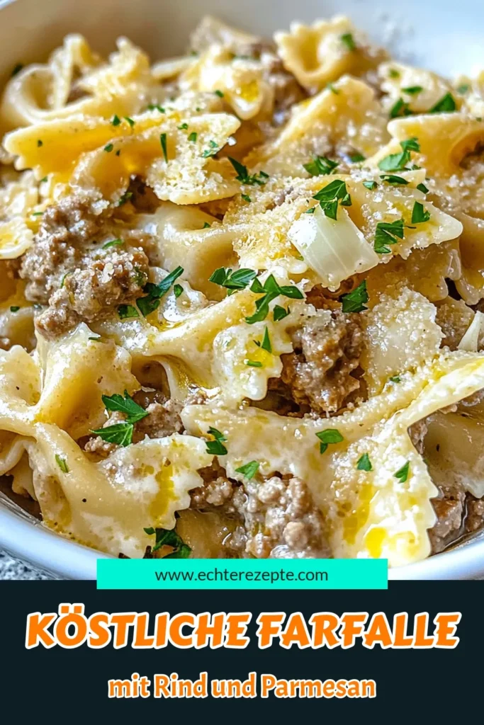 Entdecke unser einfaches Rindfleisch-Farfalle-Rezept mit cremiger Parmesan-Knoblauch-Pasta, das deinen Gaumen verwöhnt! Dieses Rezept vereint Rinderhack und Farfalle in einer köstlichen Sauce, die schnell zubereitet ist. Perfekt für ein schmackhaftes Abendessen unter der Woche. Lass dir diese cremige Farfalle mit Rinderhack nicht entgehen! Speichere das Rezept für später! #ParmesanKnoblauchPasta #RindfleischFarfalleRezept #einfachePastaGerichte #PastamitParmesanundKnoblauch