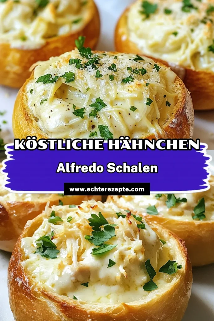 Genießen Sie unser cremiges Hähnchen Alfredo Rezept in knusprigen Knoblauchbrot Schalen! Diese köstliche Mahlzeit kombiniert zerrupftes Hähnchen, Sahne und italienische Gewürze in hausgemachten Sauerteigbrot Schalen. Perfekt für ein Familienessen oder besondere Anlässe. Werden Sie kreativ mit unserem Sauerteigbrot Rezept und bringen Sie Abwechslung auf den Tisch. Klicken Sie für das vollständige Rezept! #HähnchenAlfredo #Knoblauchbrot #Sauerteigbrot #ItalienischeKüche
