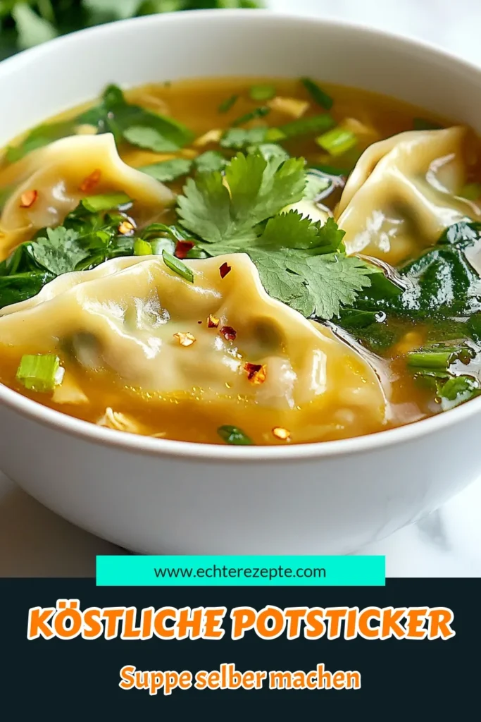 Entdecken Sie die köstliche Potsticker Suppe, eine herzhafte Dumpling-Suppe, die mit frischer Gemüsebrühe für Suppen zubereitet wird. Dieses einfache asiatische Rezept kombiniert Aromen von Ingwer, Knoblauch und frischem Gemüse, um Ihnen ein Erlebnis für die Sinne zu bieten. Perfekt für jeden Anlass! Probieren Sie es aus und verwandeln Sie Ihr nächstes Abendessen. Speichern Sie das Rezept für später! #PotstickerSuppe #DumplingSuppe #asiatischeRezeptideen #einfachesSuppenrezepte
